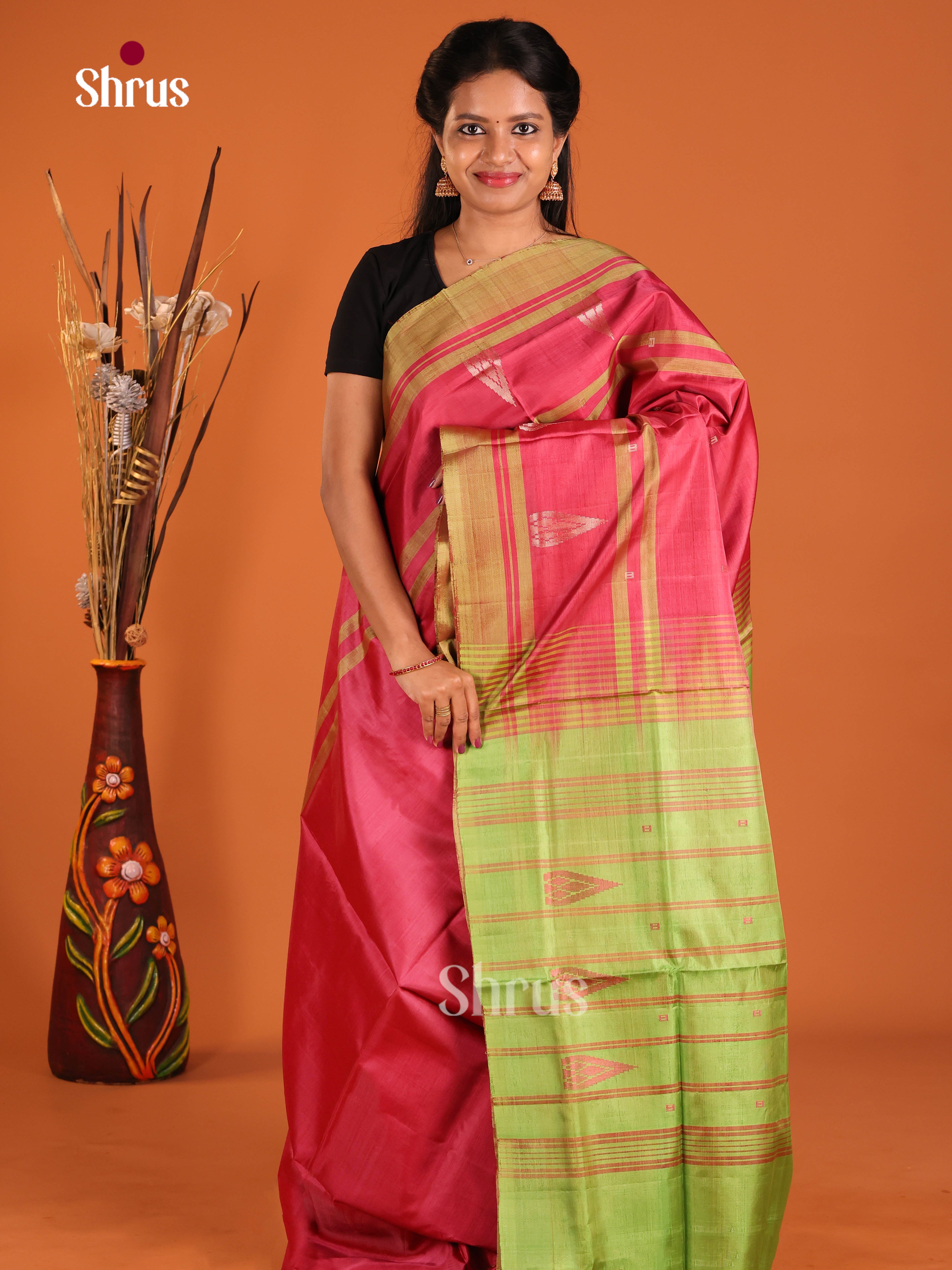 Red & Green - Banana Pith without blouse Saree - Shop on Shrus.com