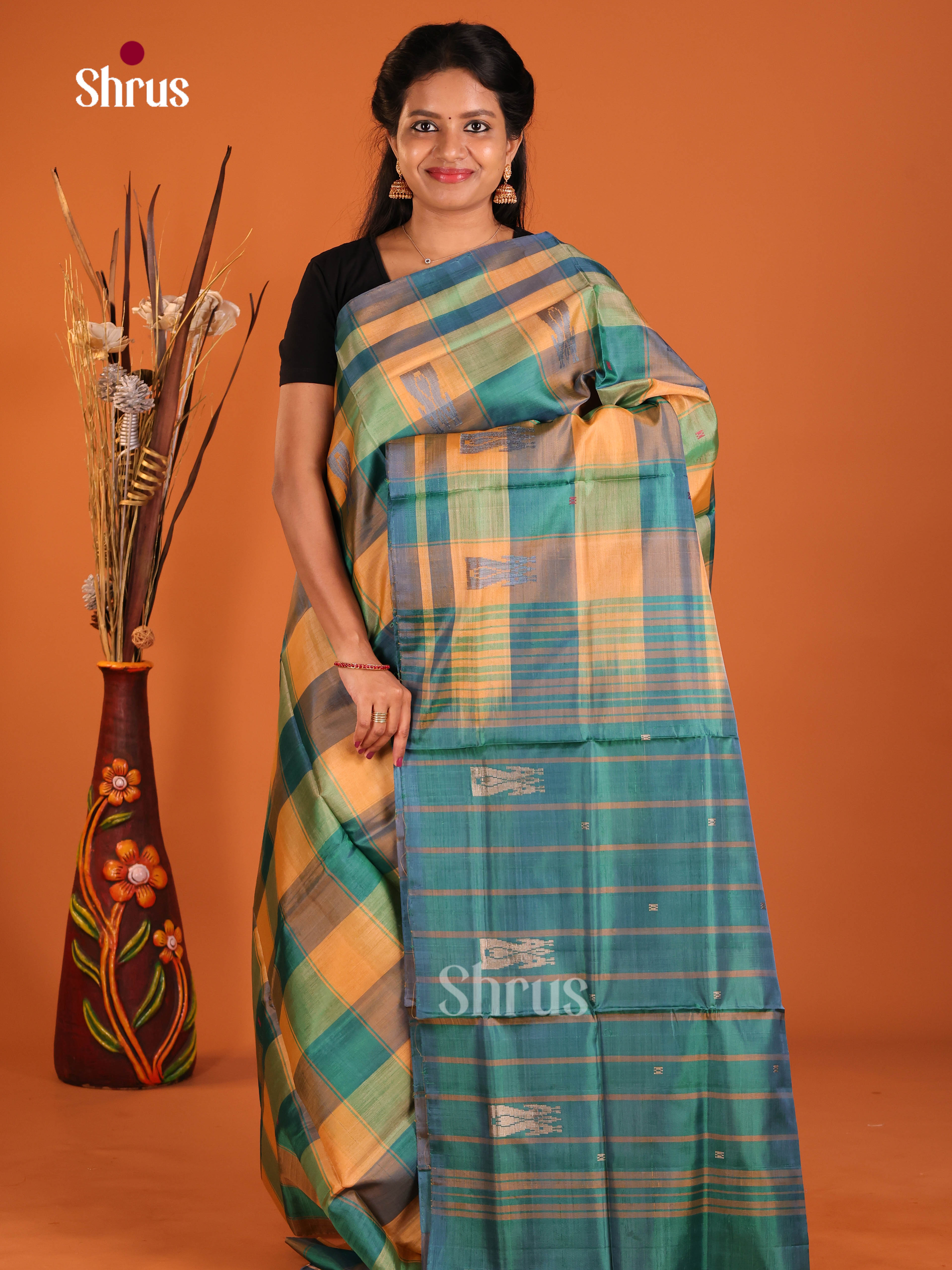 Orange & Green - Banana Pith without blouse Saree - Shop on Shrus.com