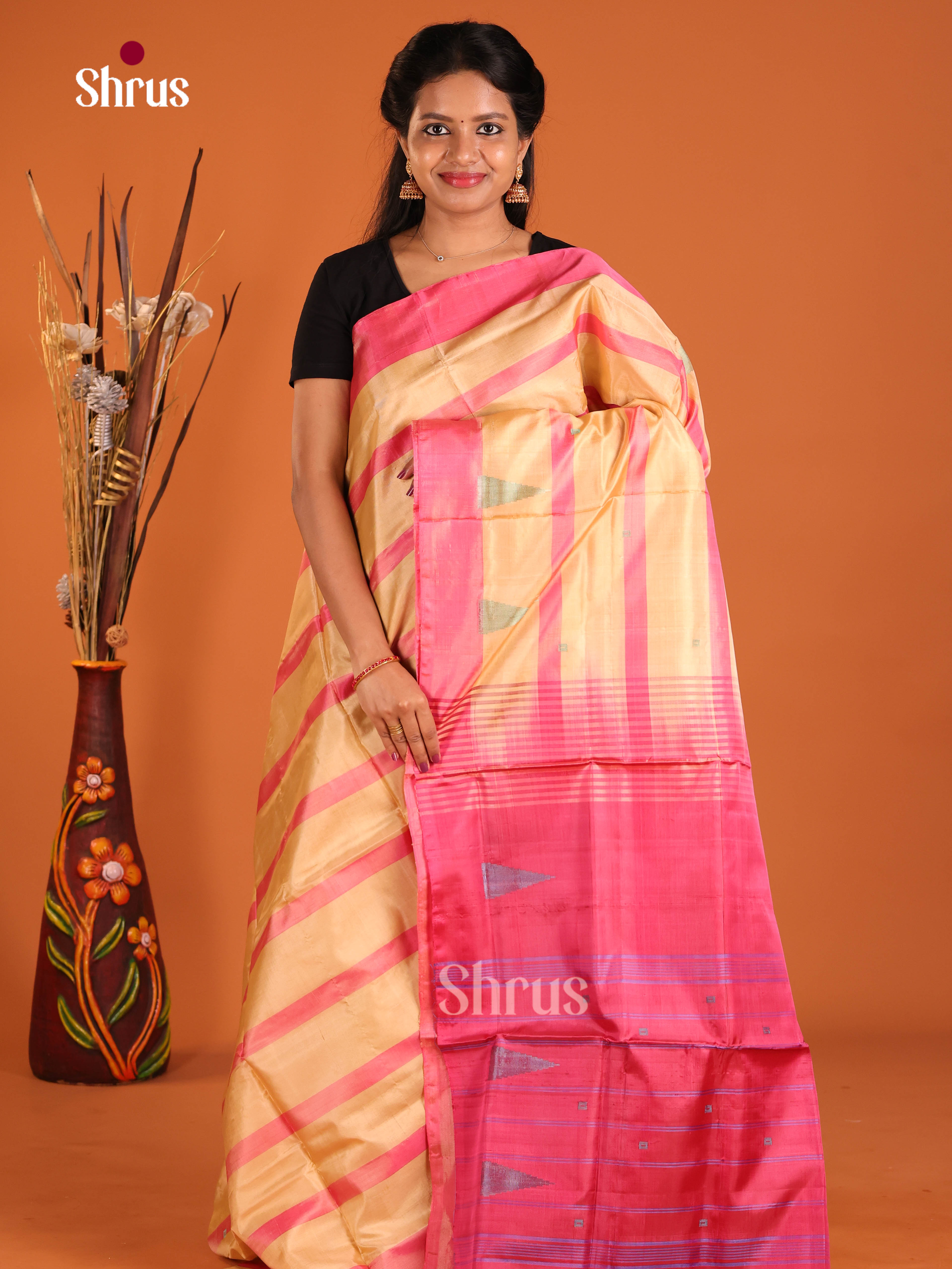 Peach & Pink- Banana Pith without blouse Saree - Shop on Shrus.com