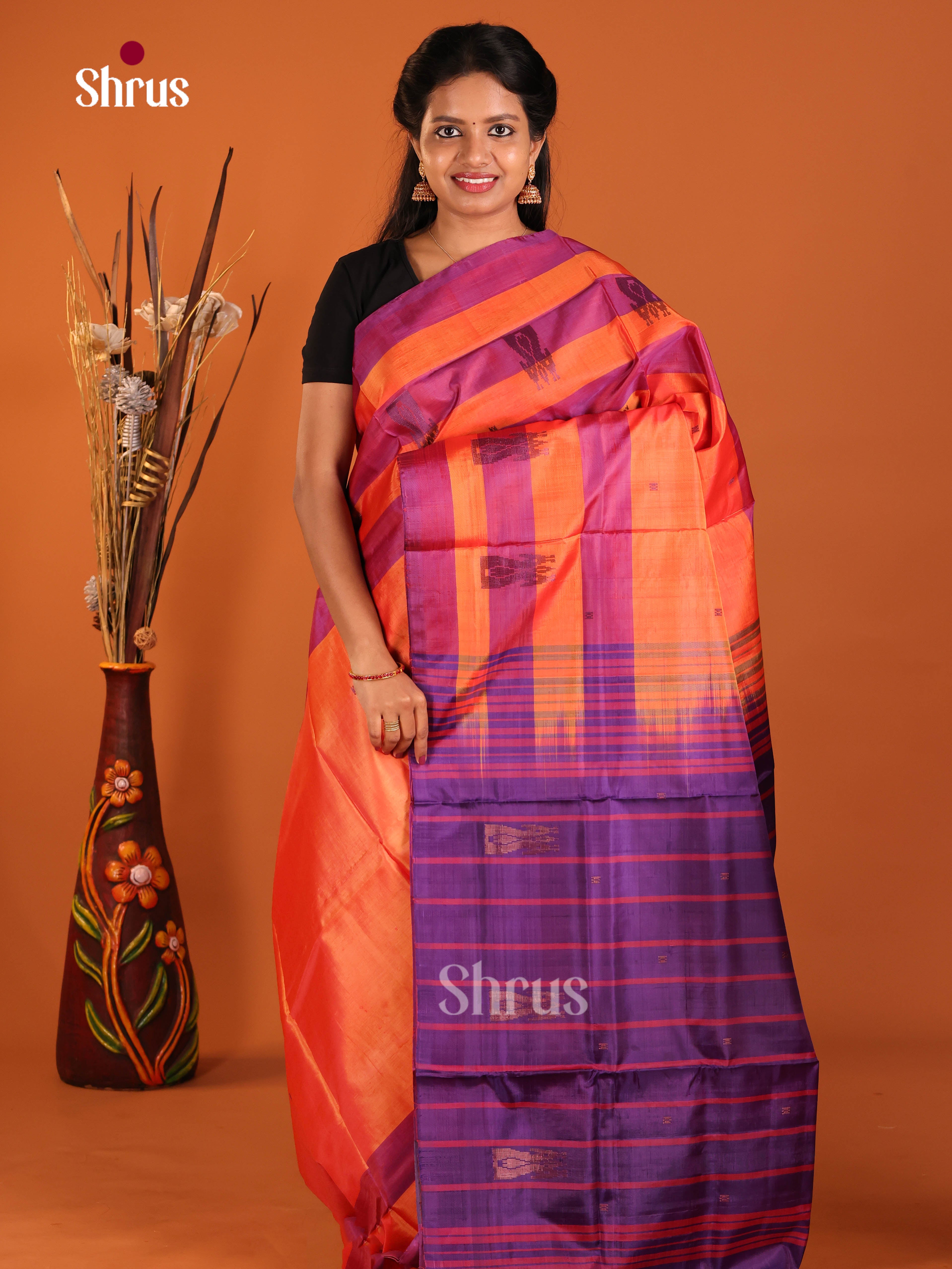 Orange &  Purple - Banana Pith without blouse Saree - Shop on Shrus.com