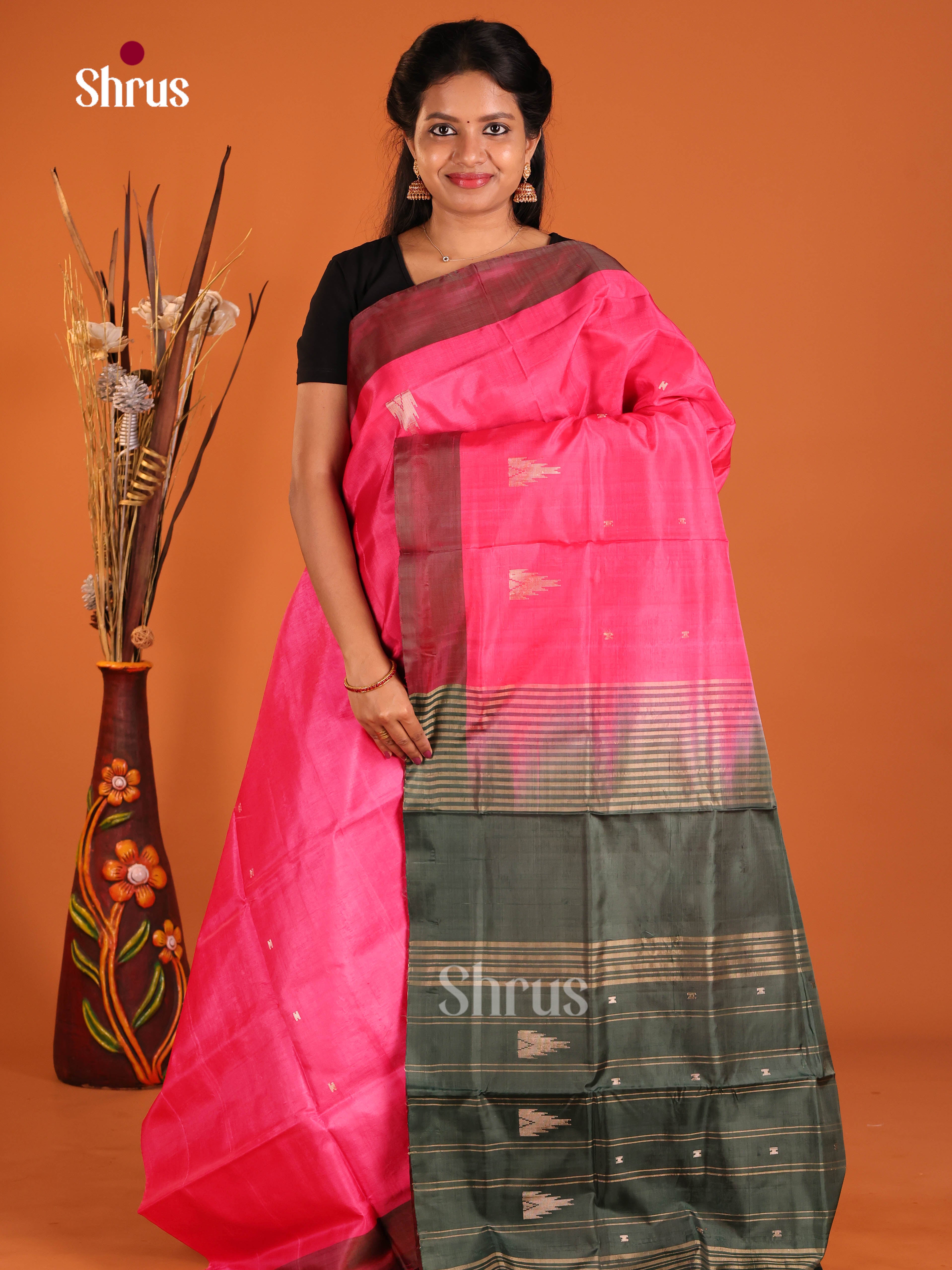 Pink & Green - Banana Pith without blouse Saree - Shop on Shrus.com