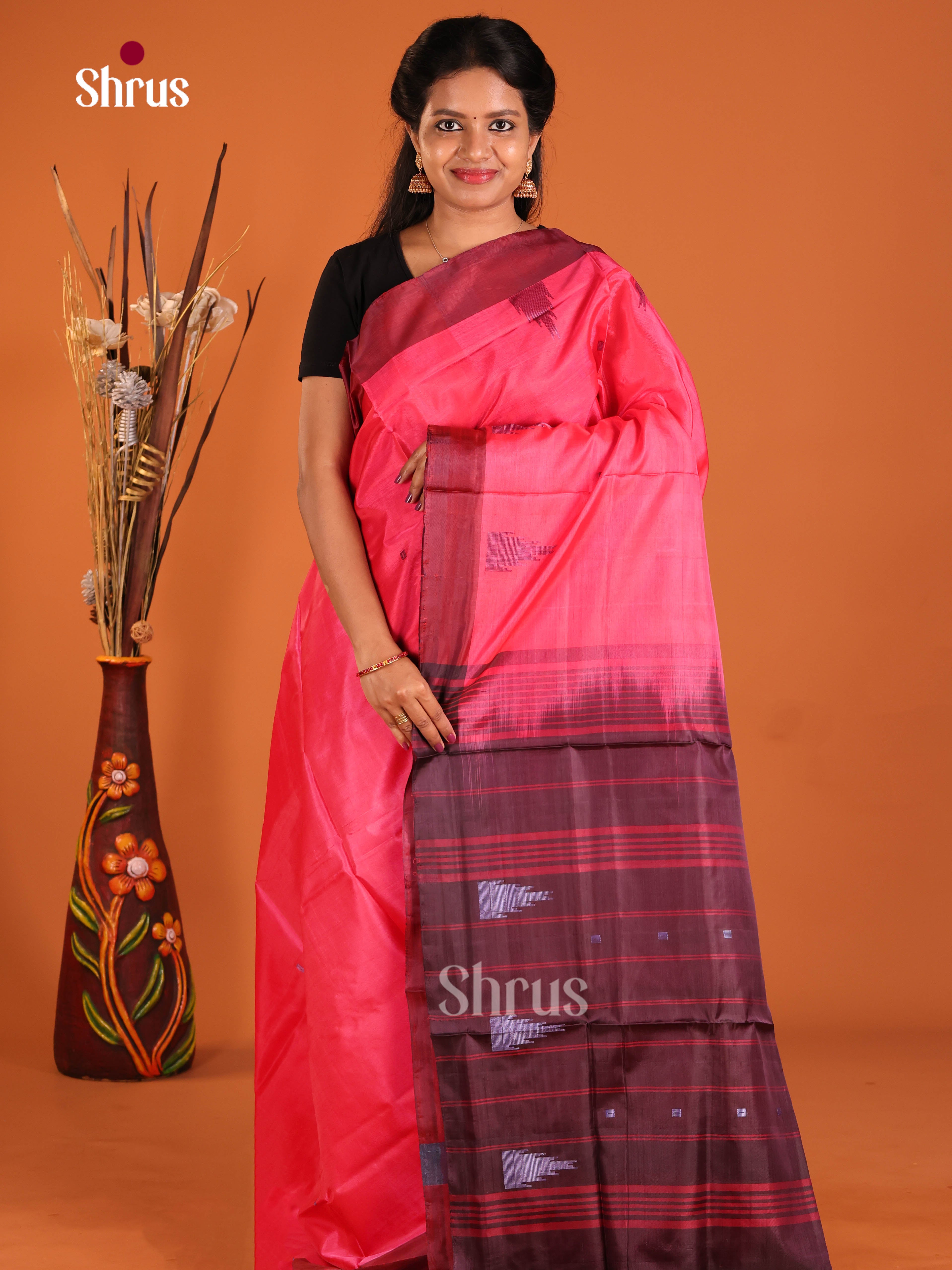 Pink & Maroon - Banana Pith without blouse Saree - Shop on Shrus.com