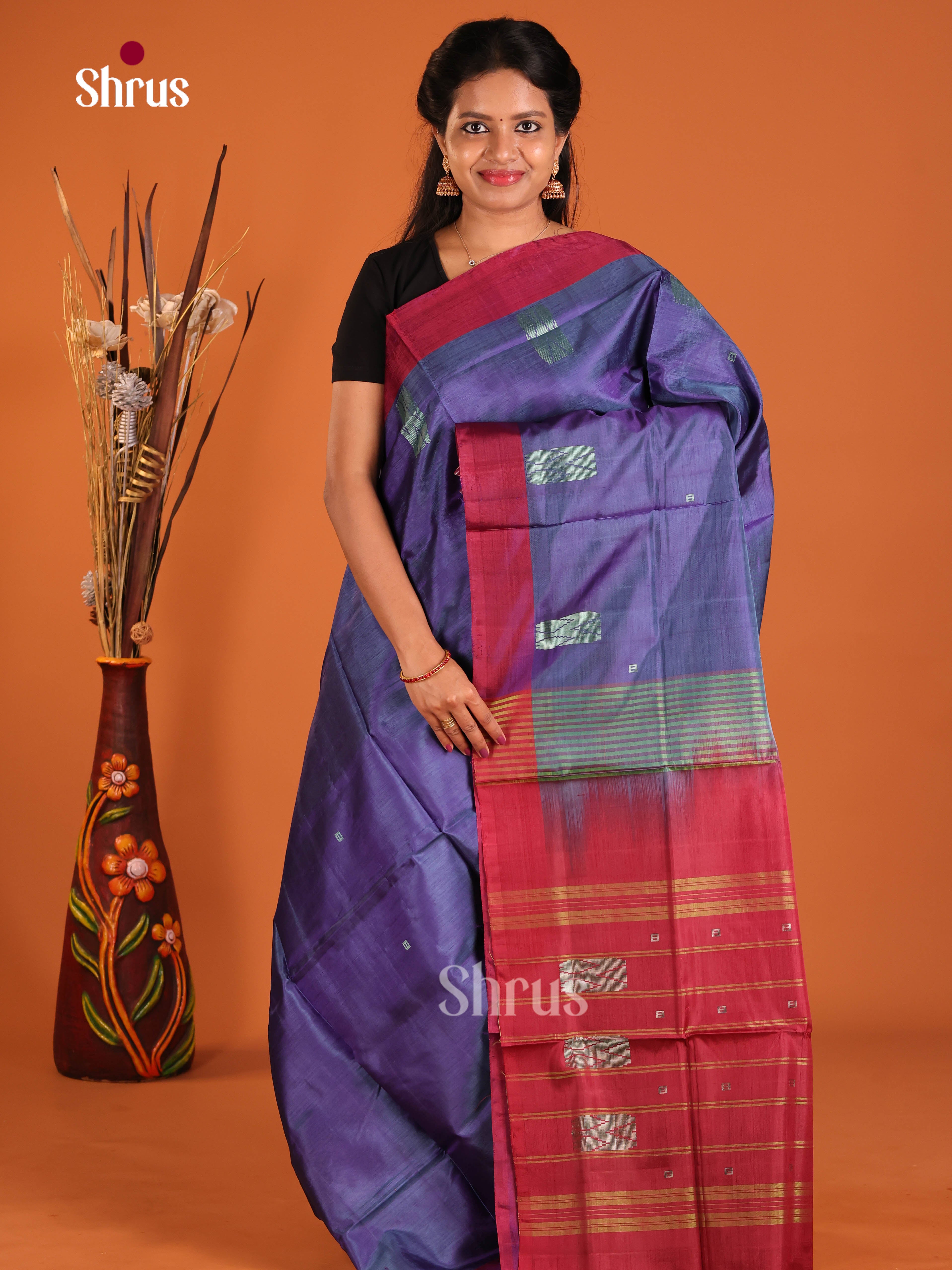 Blue & Maroon - Banana Pith without blouse Saree