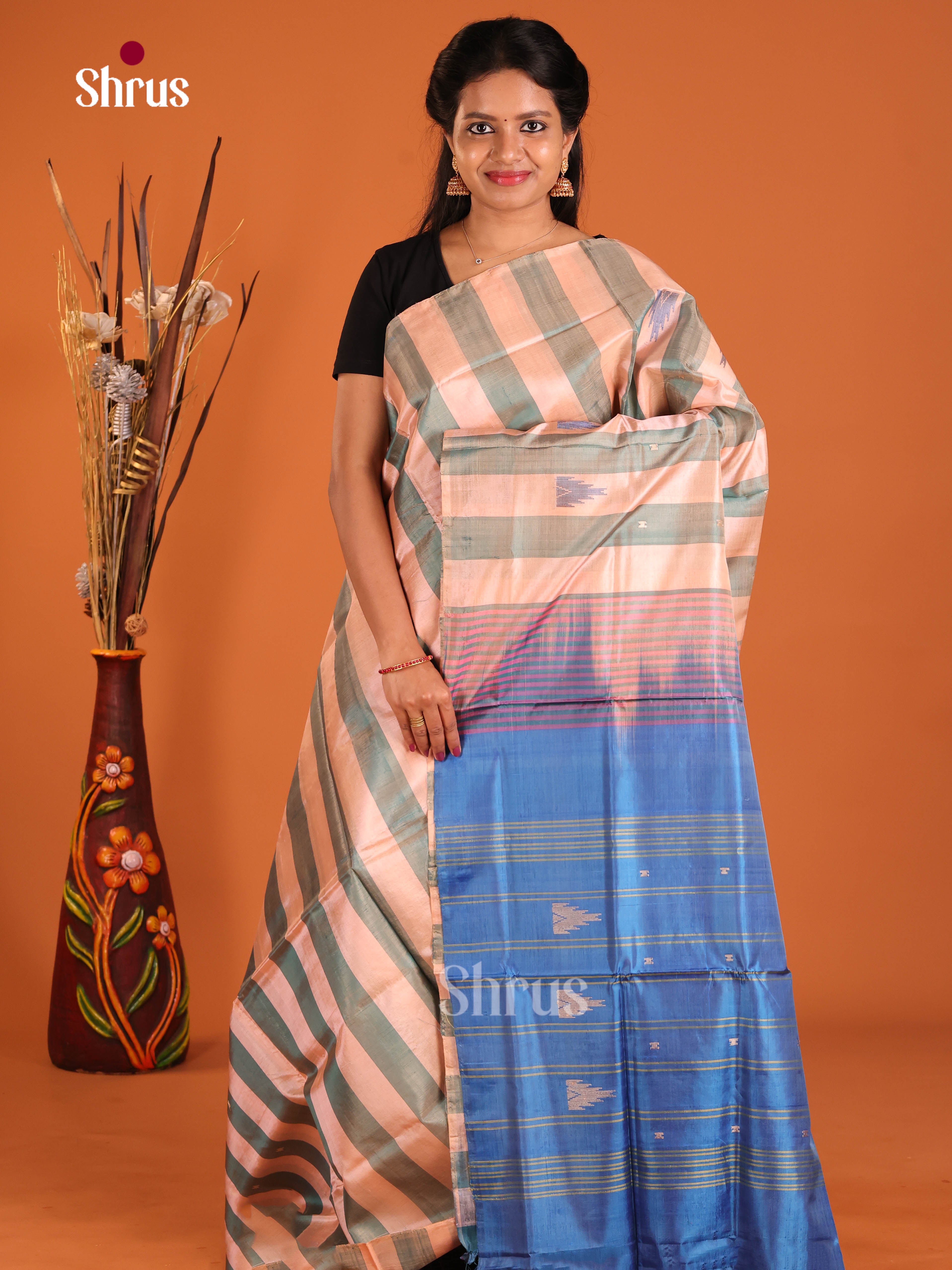 Peach & Blue - Banana Pith without blouse Saree - Shop on Shrus.com