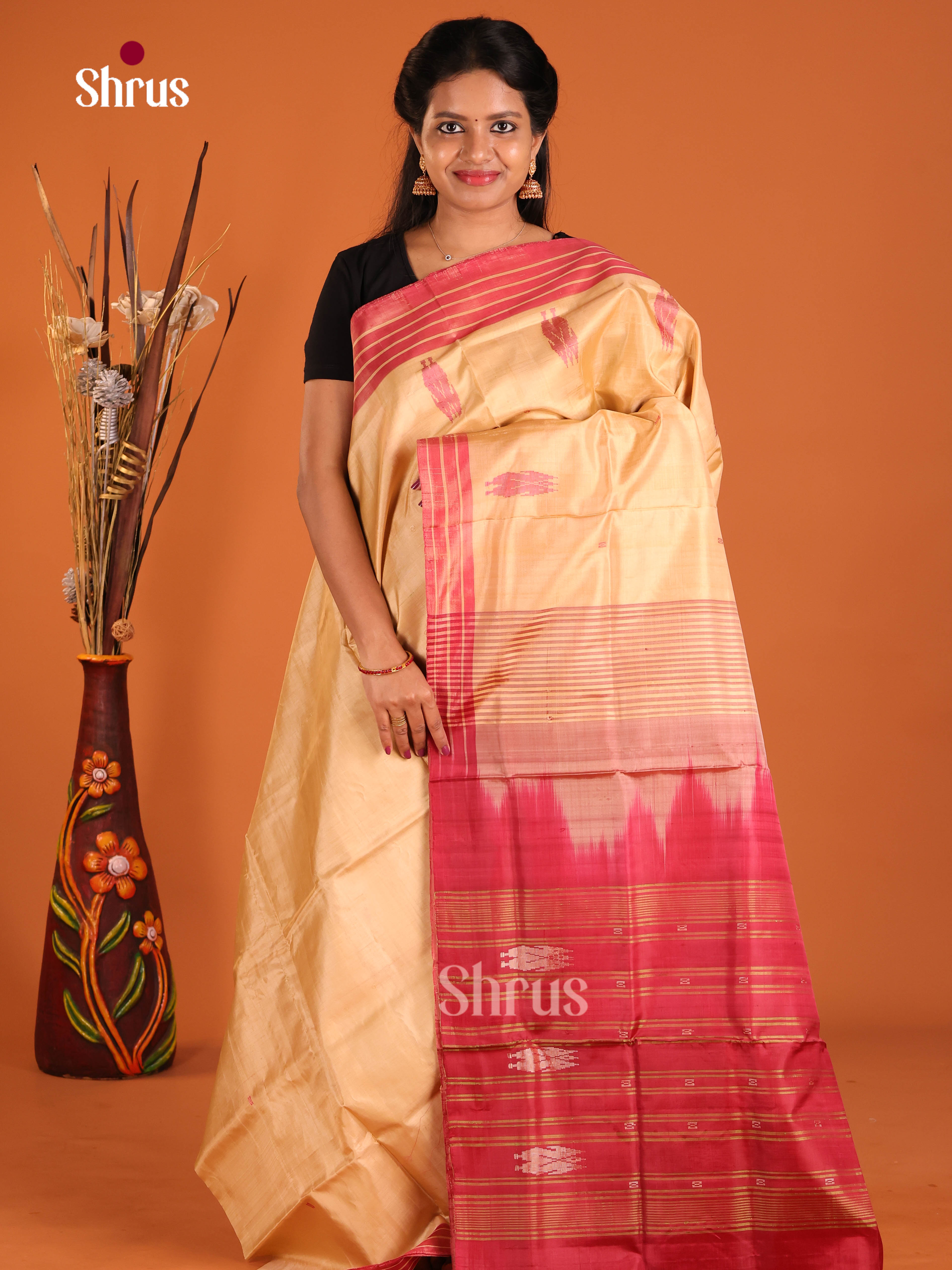 Sandal  & Red - Banana Pith without blouse Saree