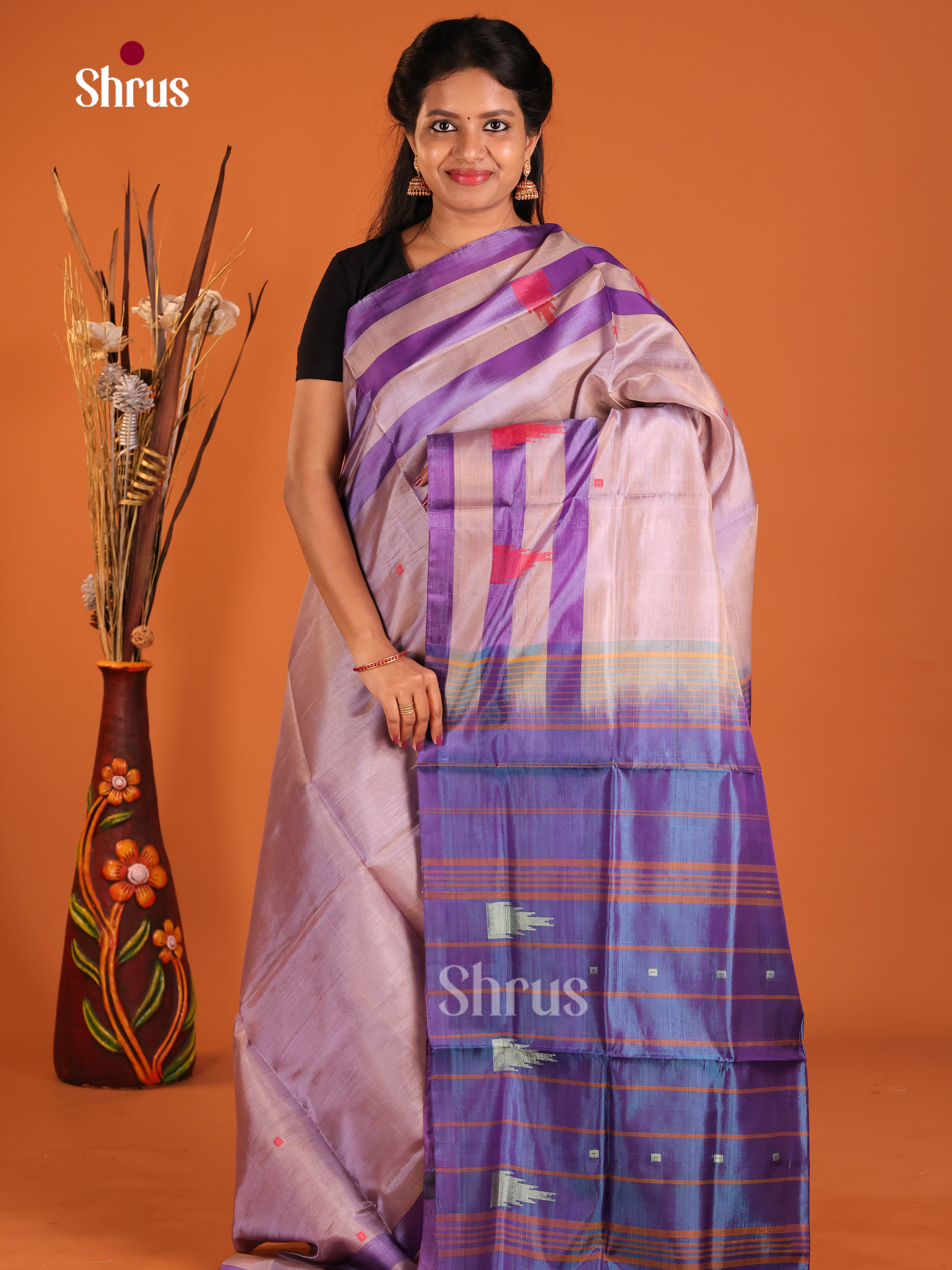 Grey & Blue - Banana Pith without blouse Saree - Shop on Shrus.com