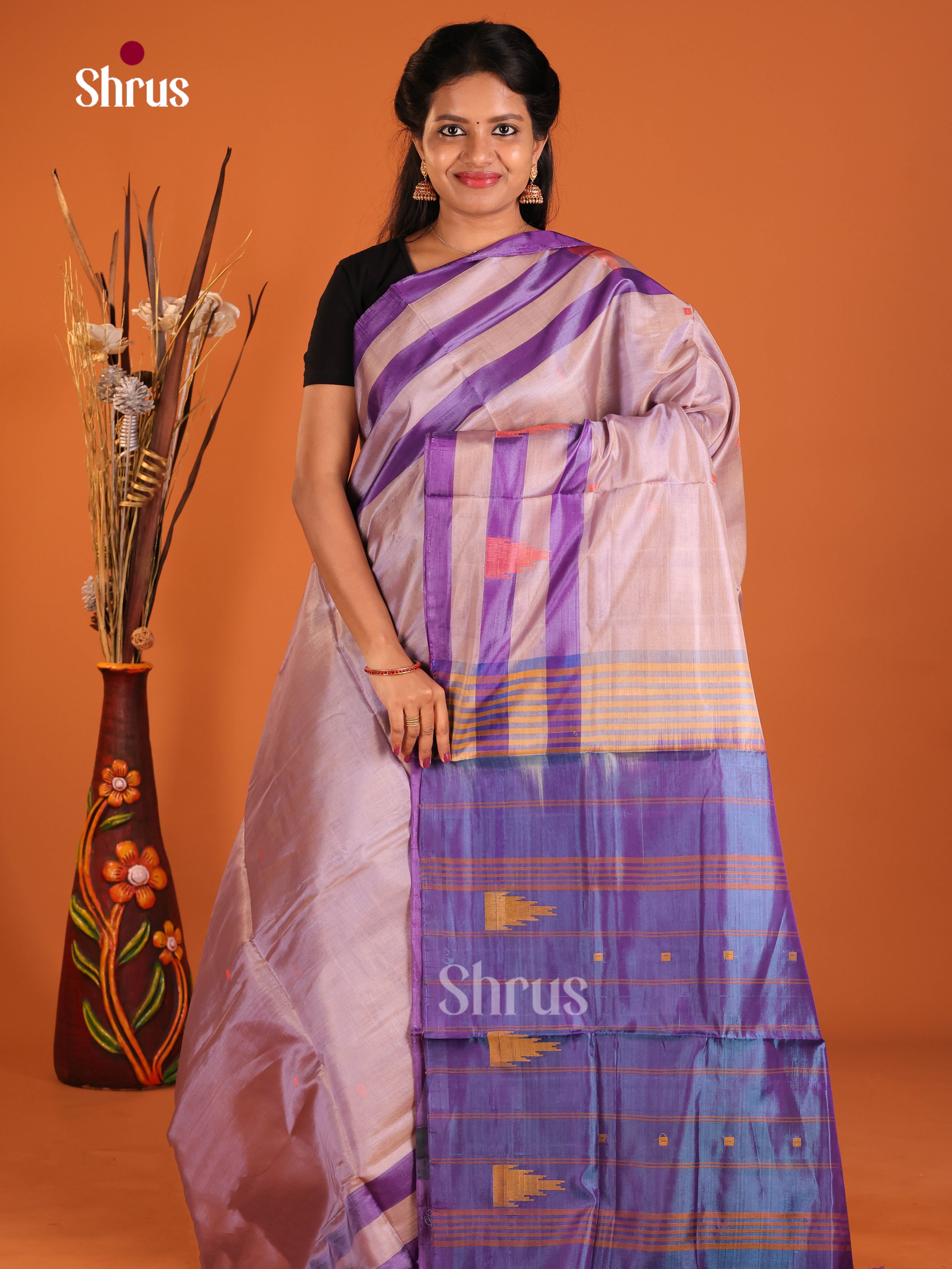 Grey & Blue - Banana Pith without blouse Saree - Shop on Shrus.com