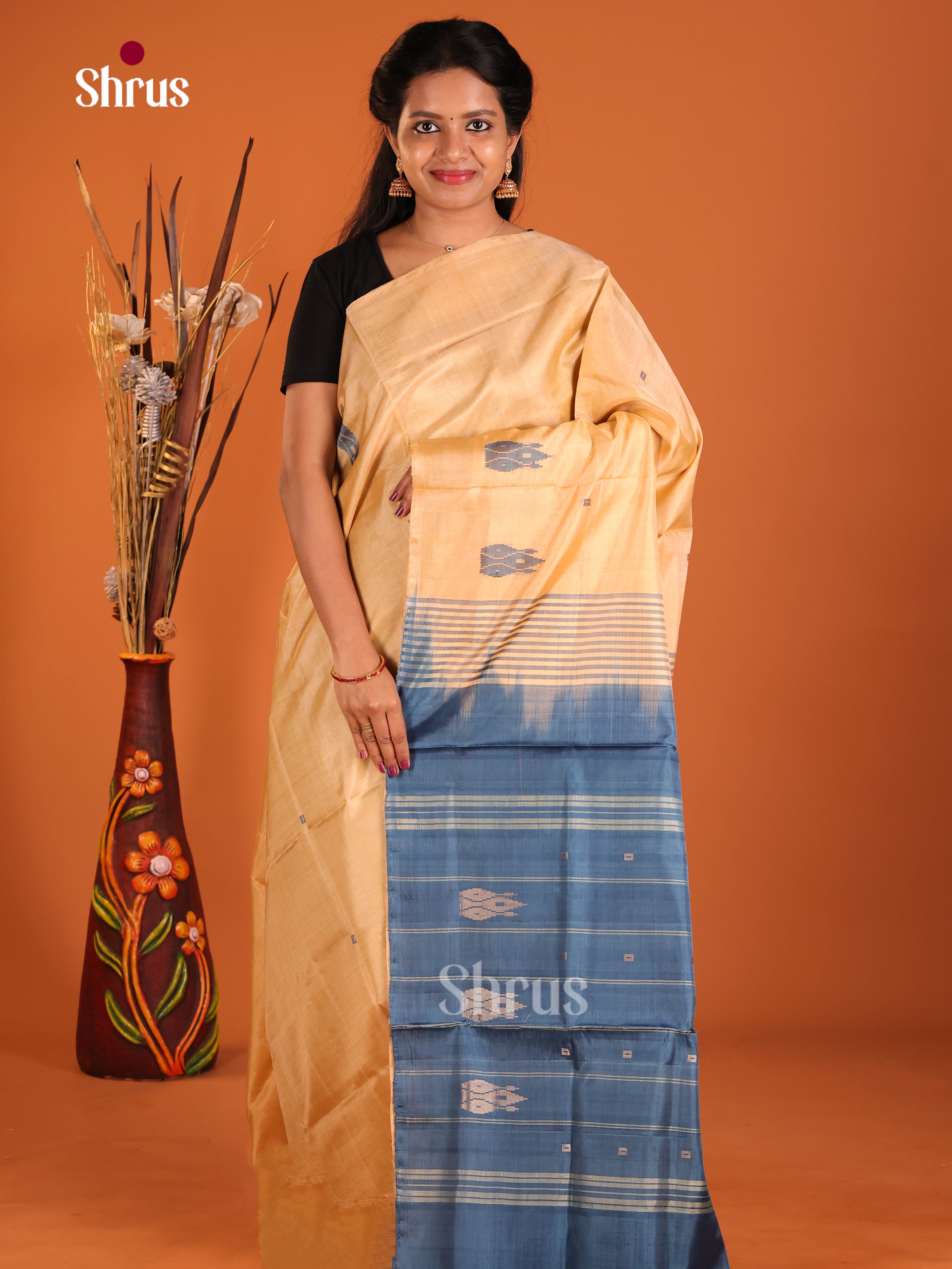 Peach & Blue - Banana Pith without blouse Saree - Shop on Shrus.com