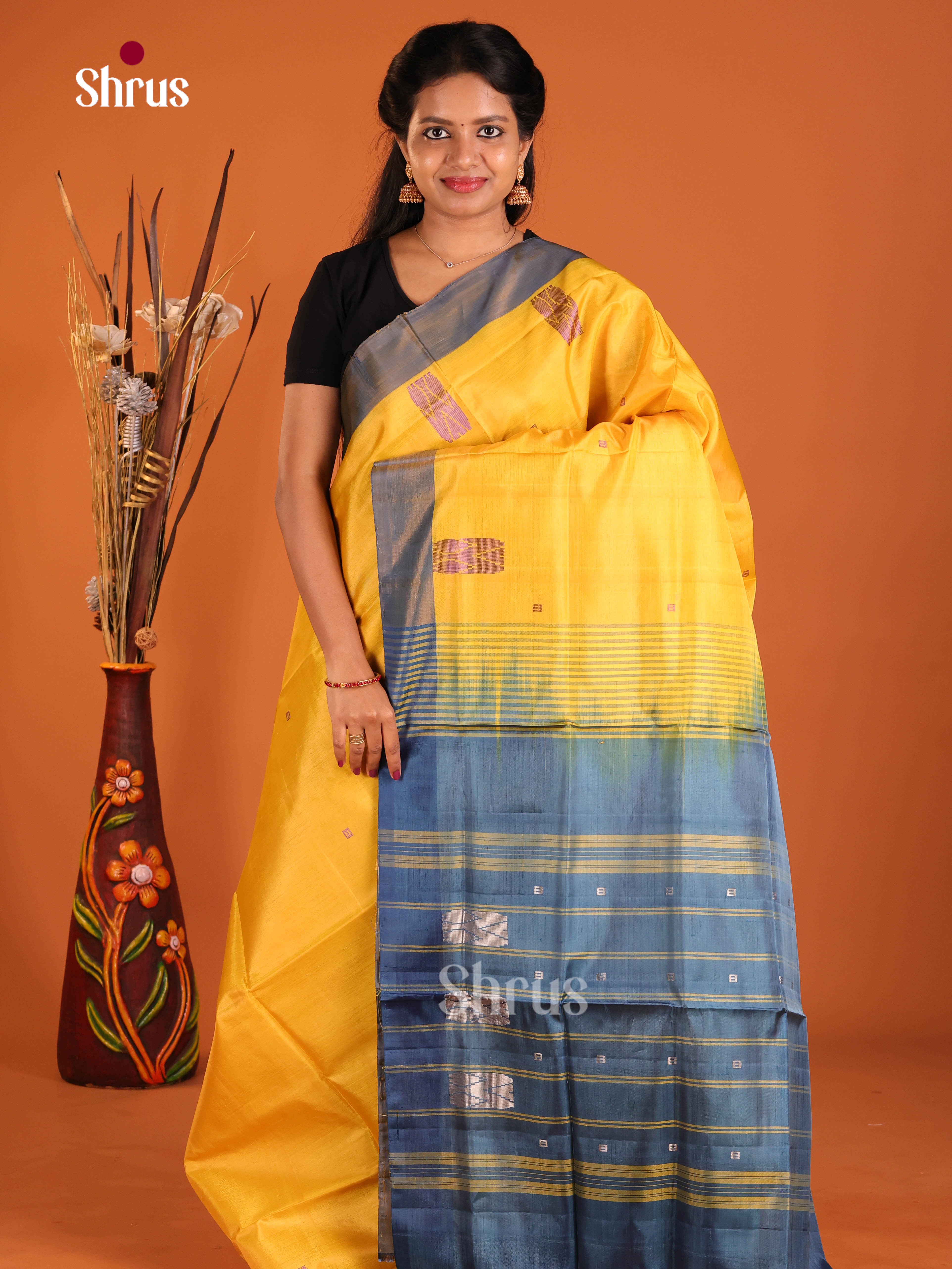 Yellow & Blue - Banana Pith without blouse Saree