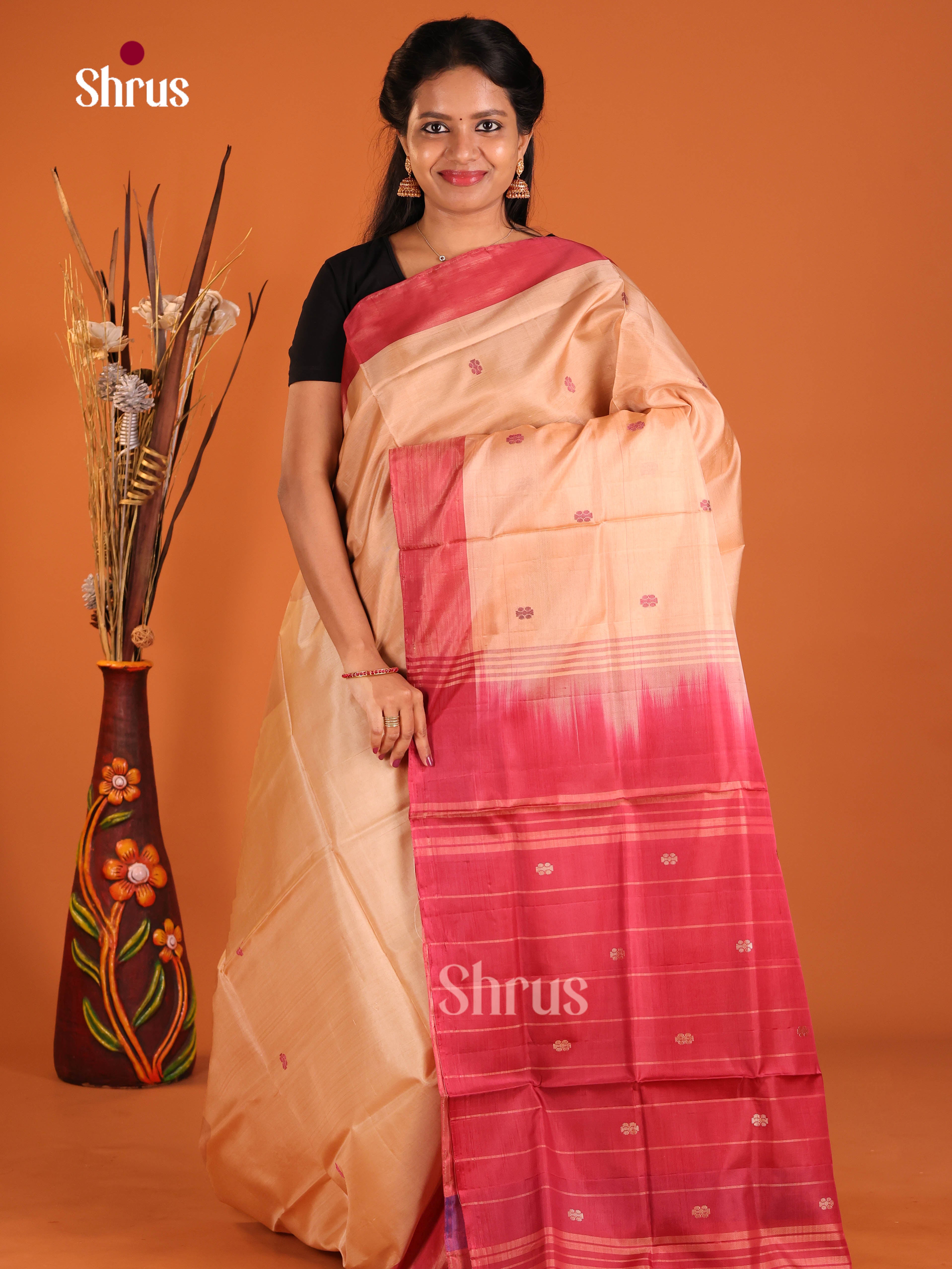 Peach & Maroon - Banana Pith without blouse Saree - Shop on Shrus.com