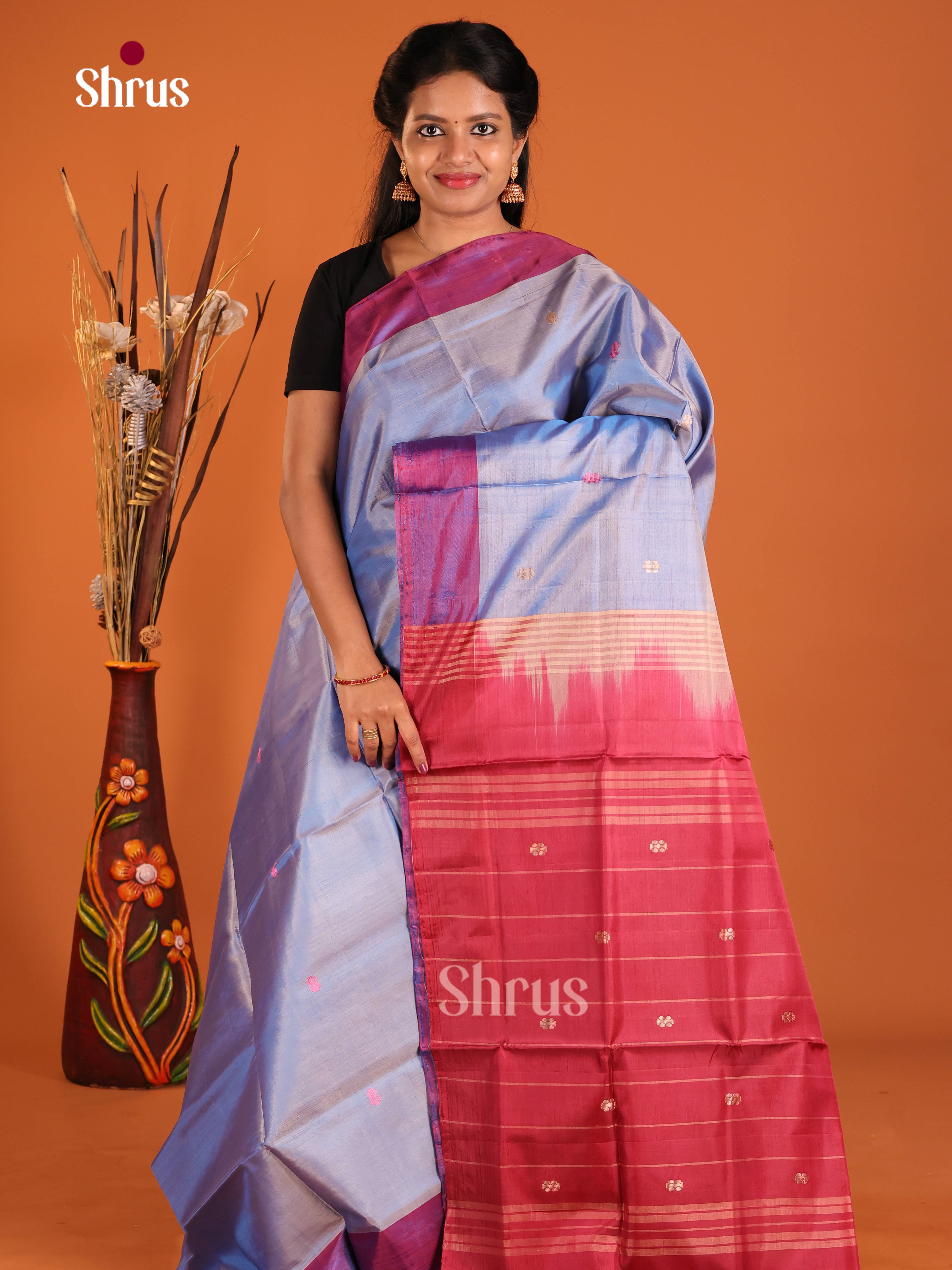 Blue & Maroon - Banana Pith without blouse Saree