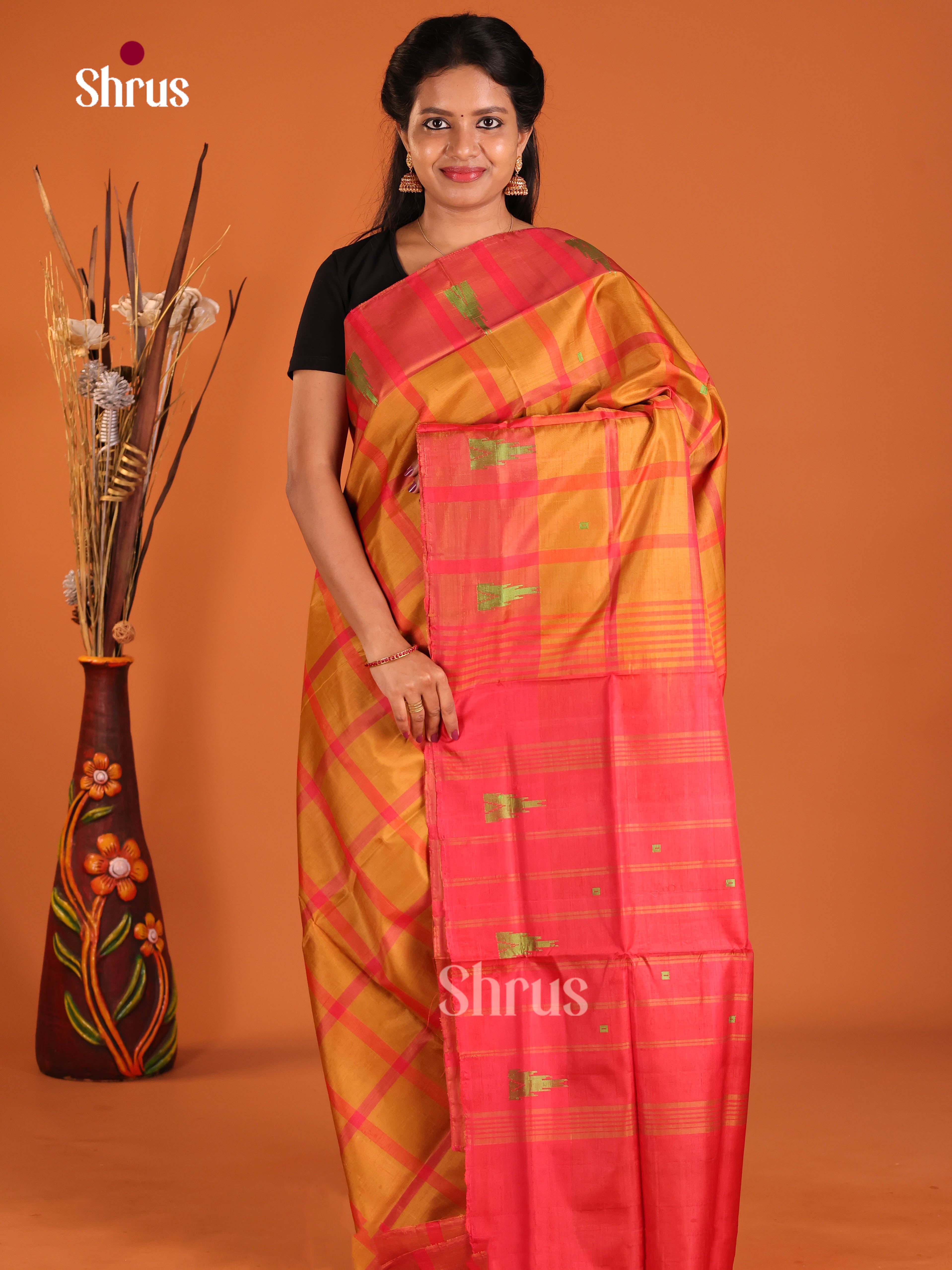 Mustard  & Red - Banana Pith without blouse Saree - Shop on Shrus.com
