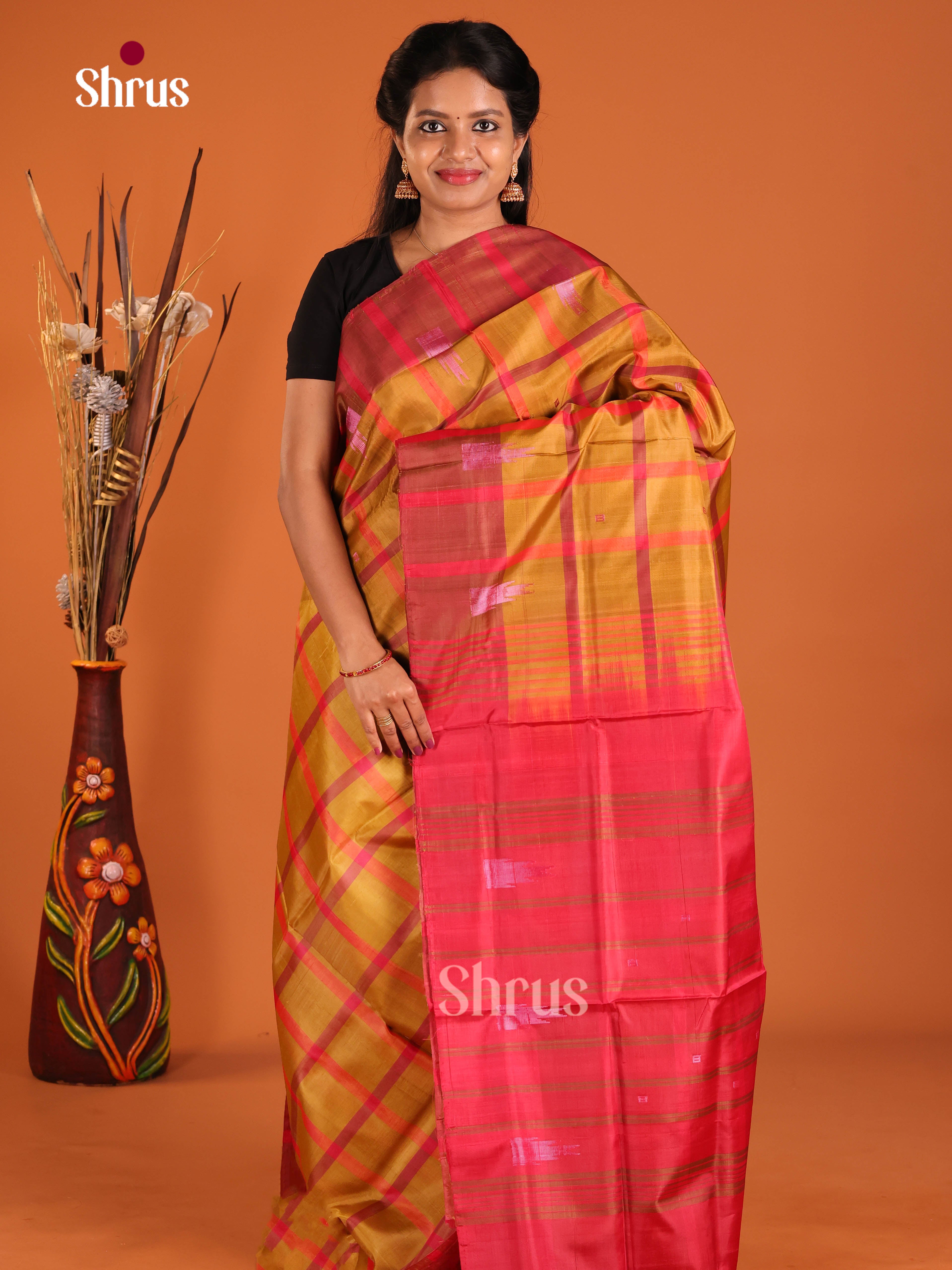 Mustard & Maroon - Banana Pith without blouse Saree - Shop on Shrus.com
