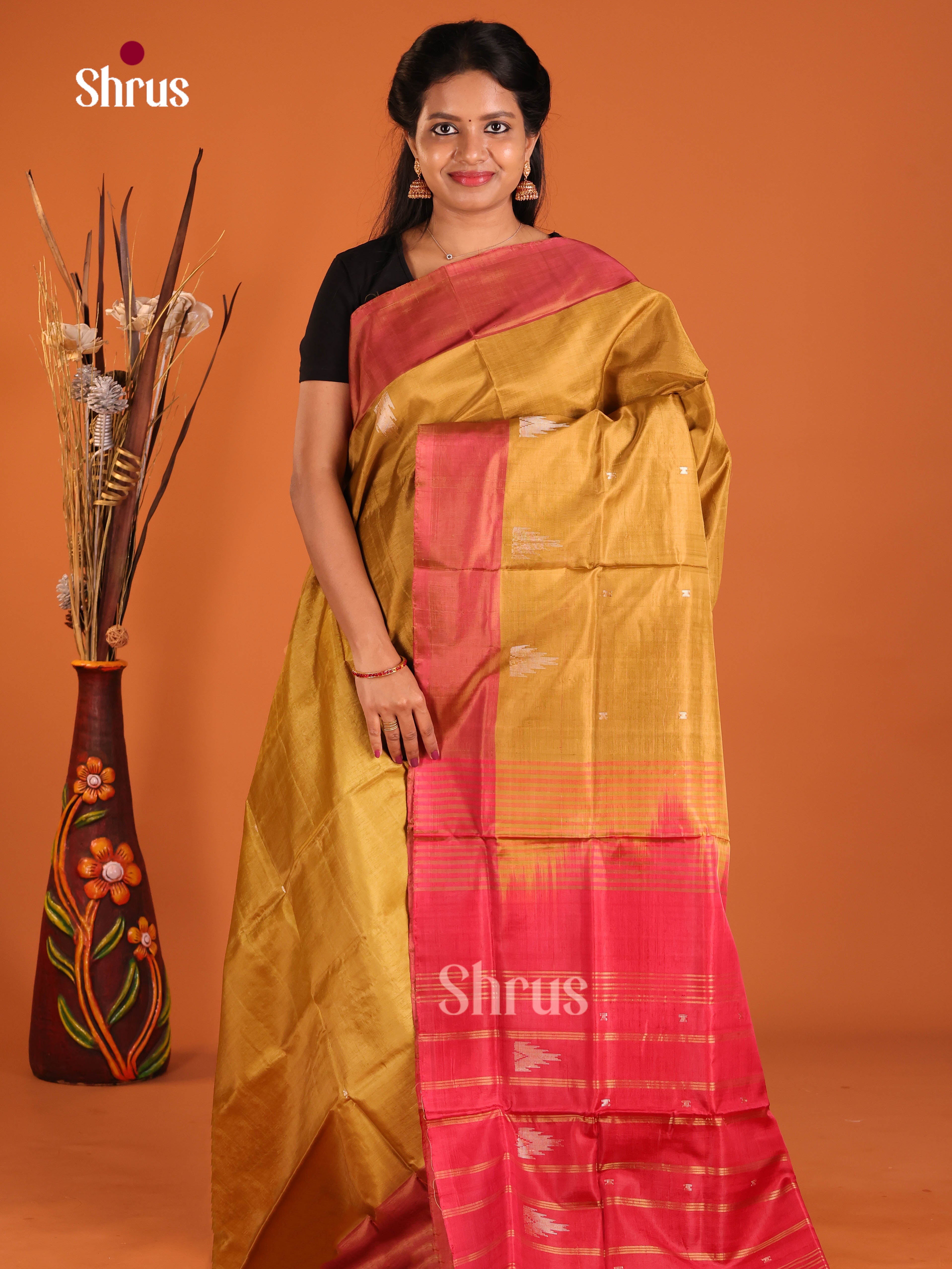 Mustard & Red - Banana Pith without blouse Saree - Shop on Shrus.com