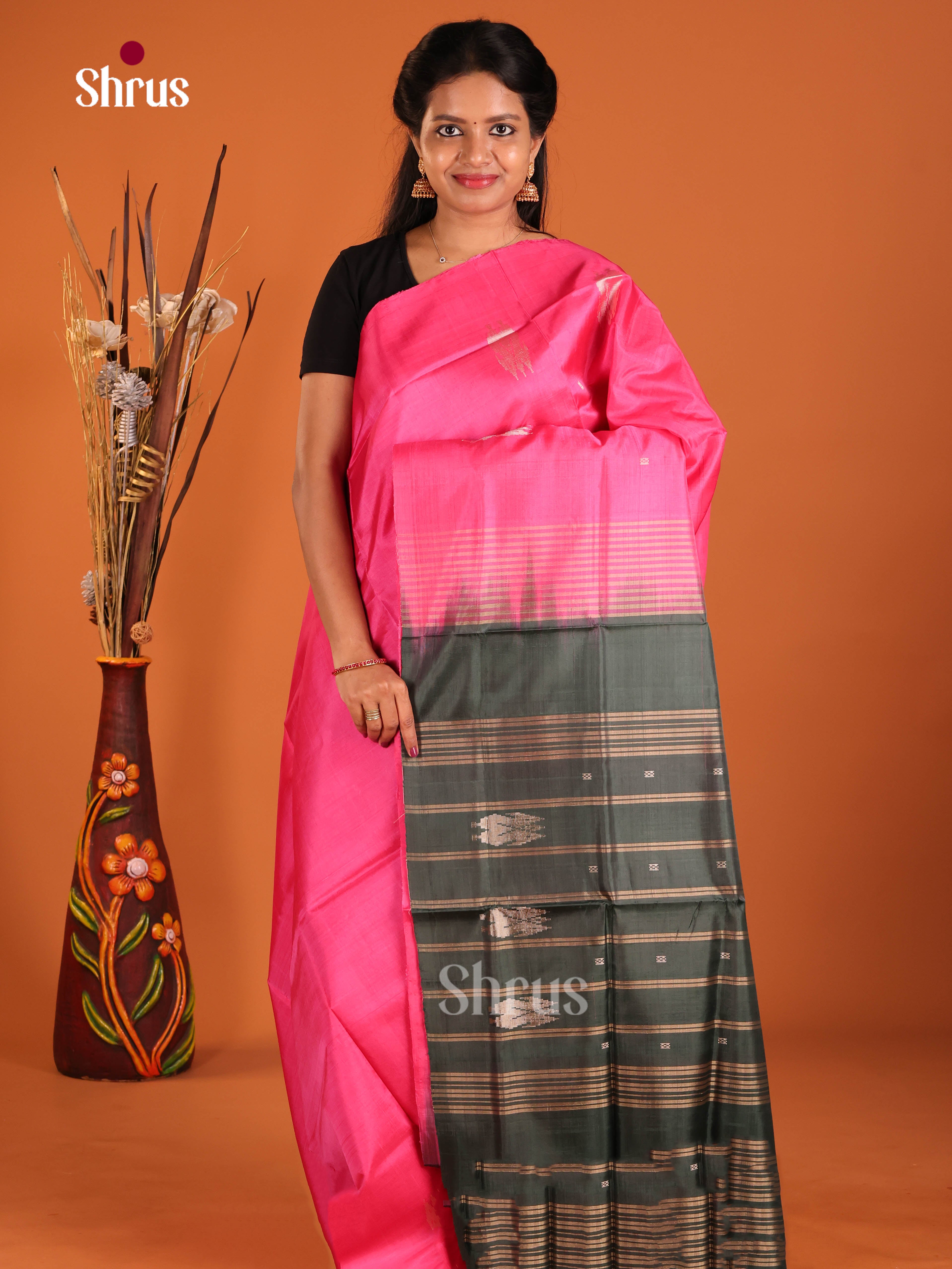 Pink & Green - Banana Pith without blouse Saree - Shop on Shrus.com