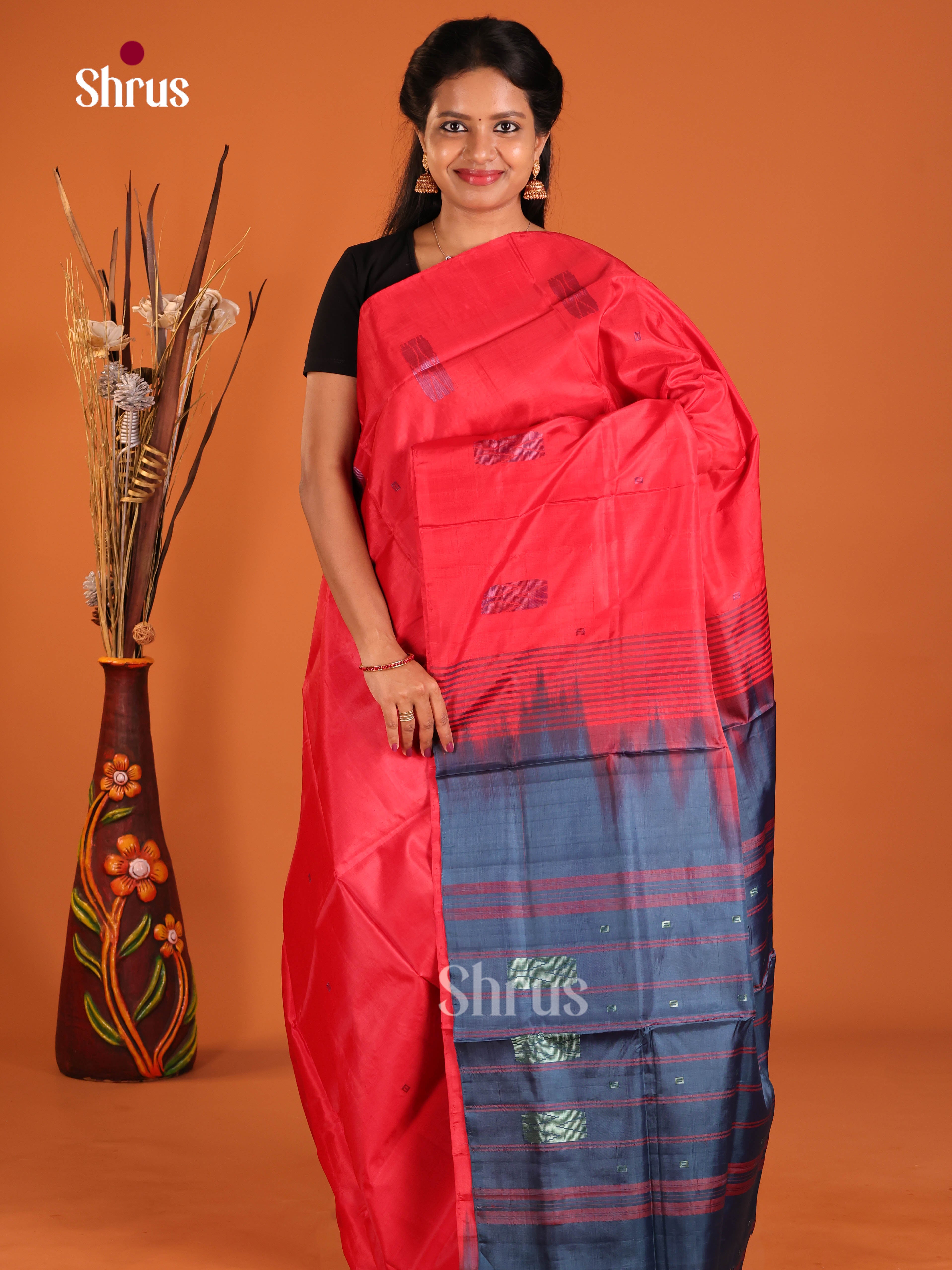 Red & Blue - Banana Pith without blouse Saree - Shop on Shrus.com