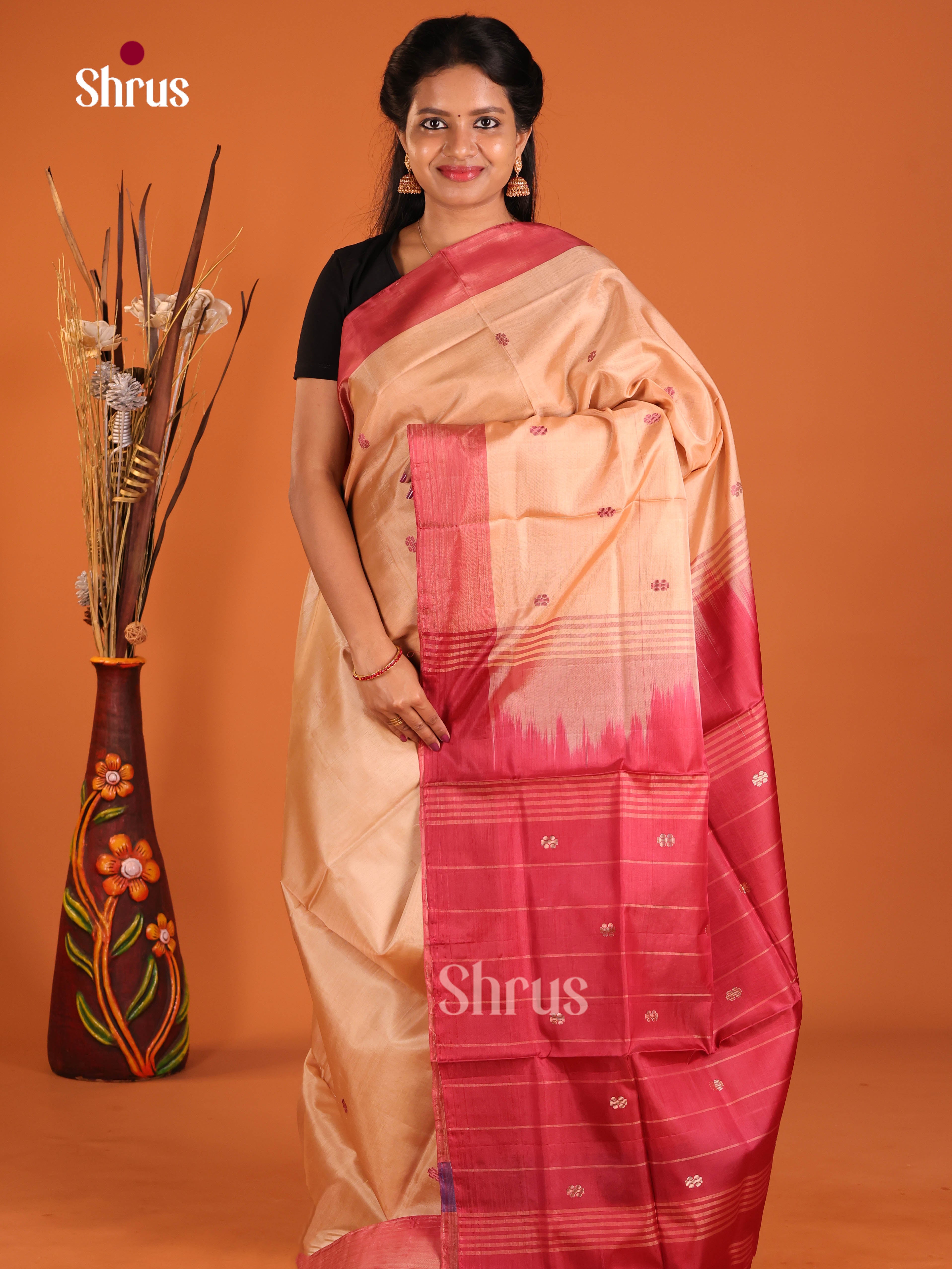 Peach & Red- Banana Pith without blouse Saree - Shop on Shrus.com