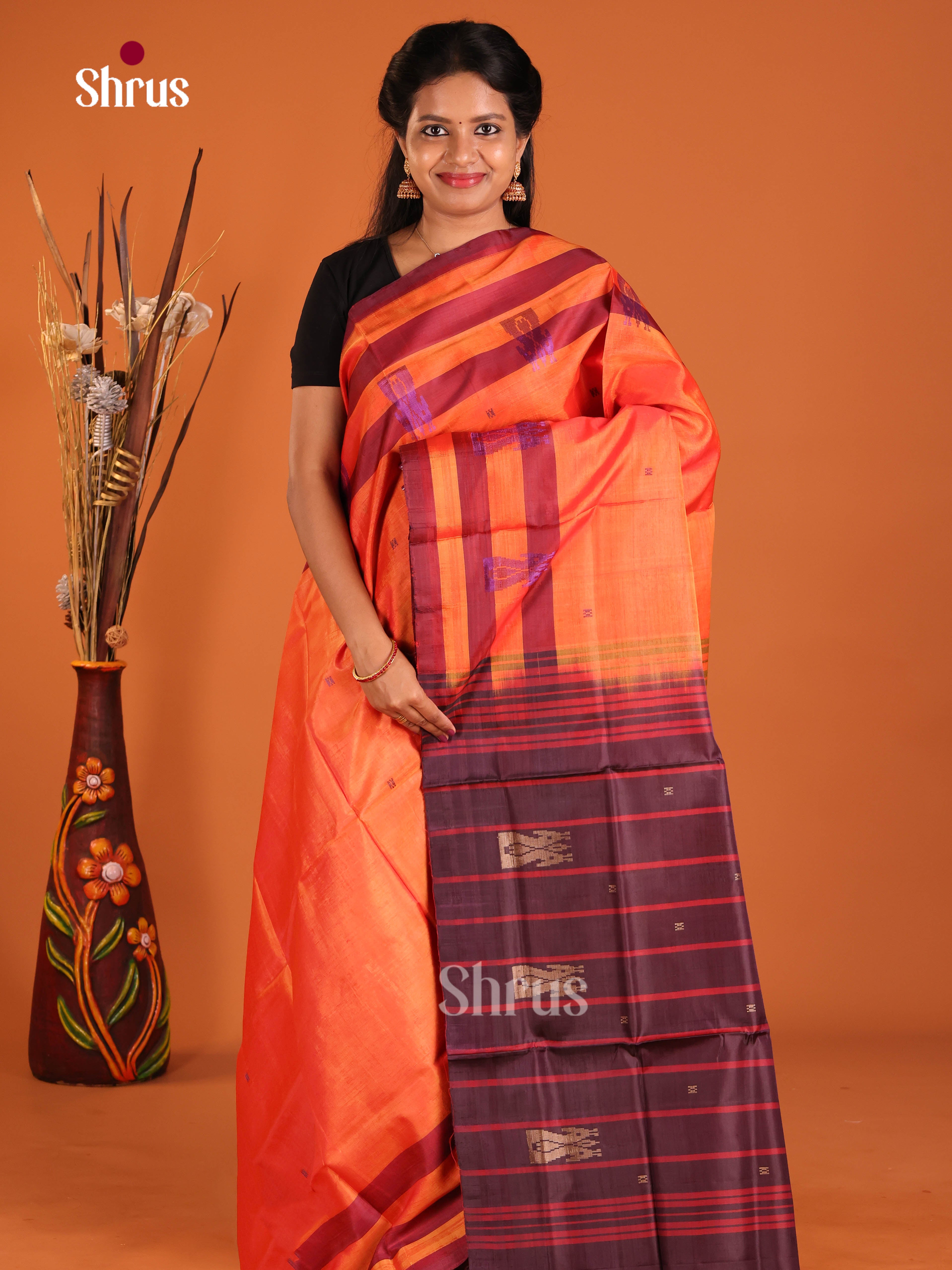 Orange & Purple - Banana Pith without blouse Saree - Shop on Shrus.com