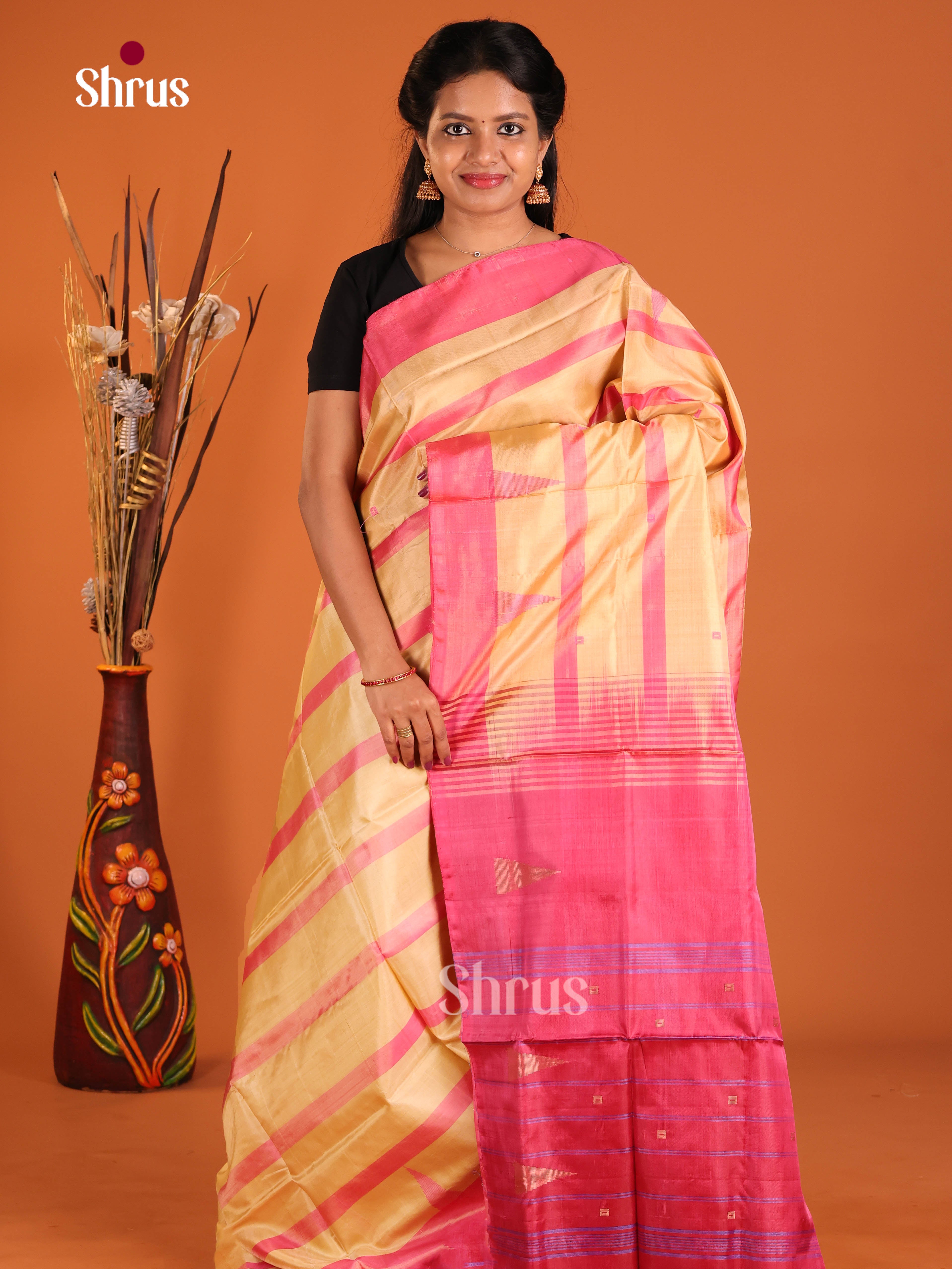 Peach & Pink - Banana Pith without blouse Saree - Shop on Shrus.com