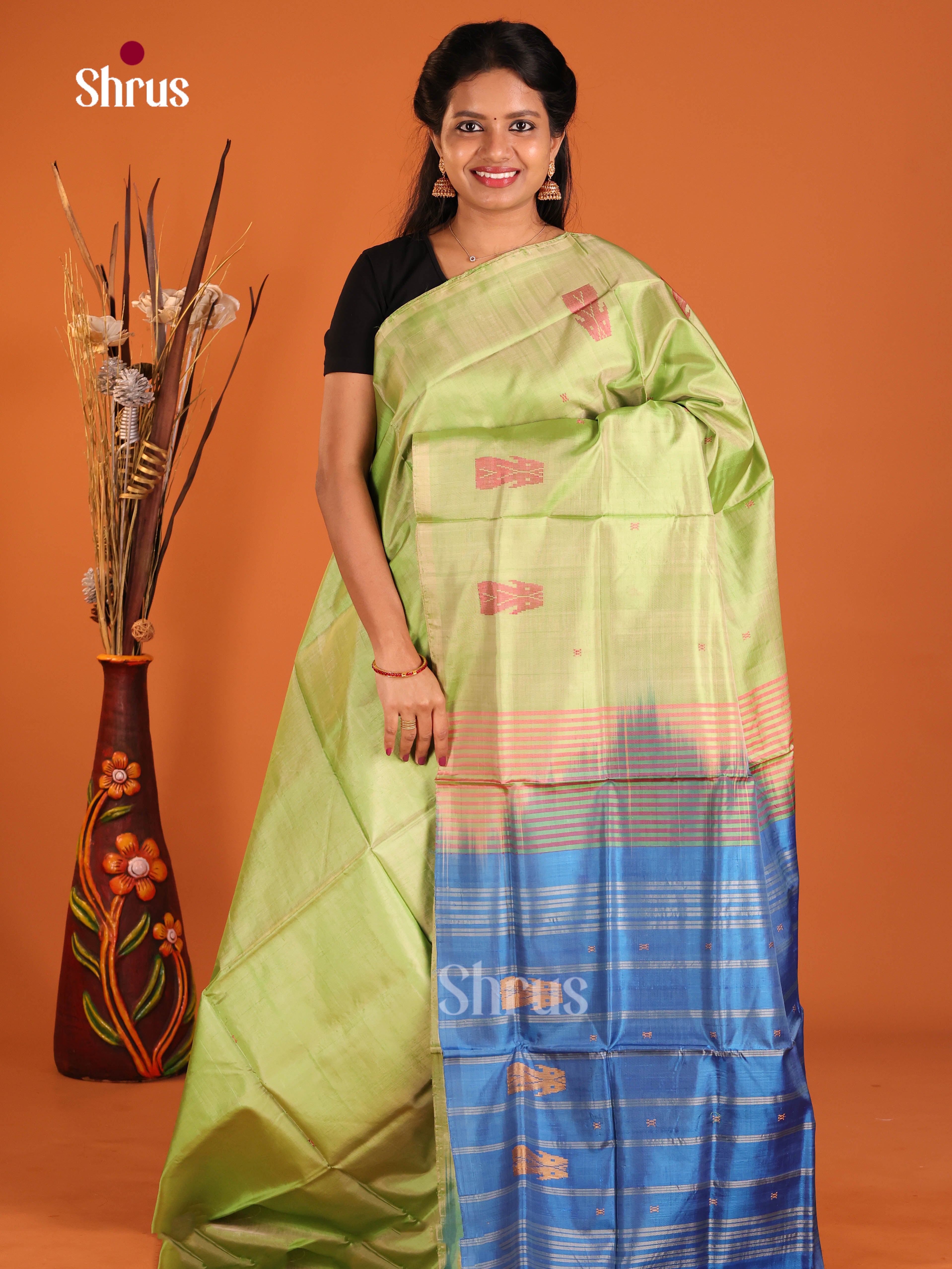Green & Blue - Banana Pith without blouse Saree - Shop on Shrus.com