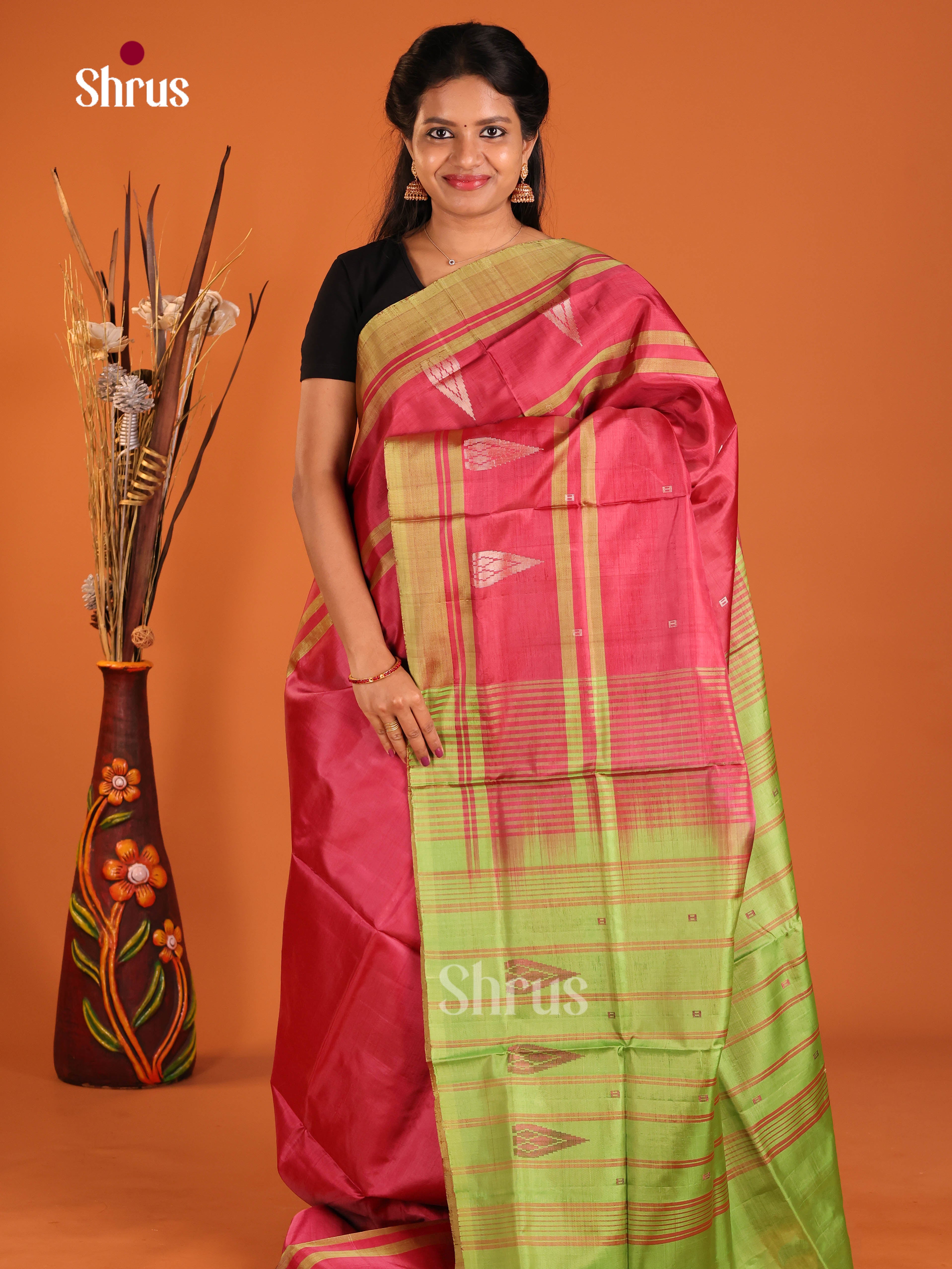 Red & Green - Banana Pith without blouse Saree - Shop on Shrus.com