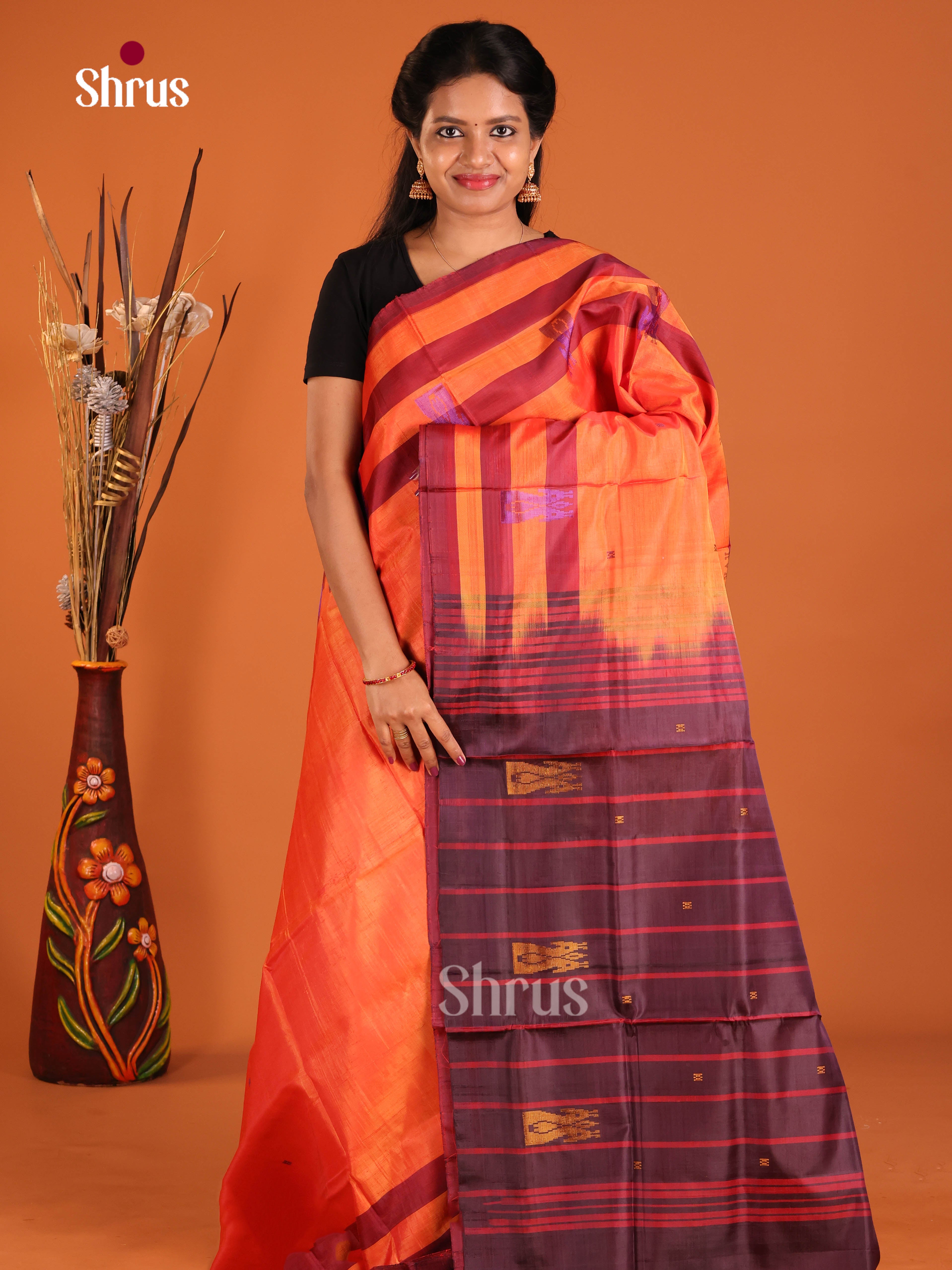 Orange & Purple - Banana Pith without blouse Saree - Shop on Shrus.com