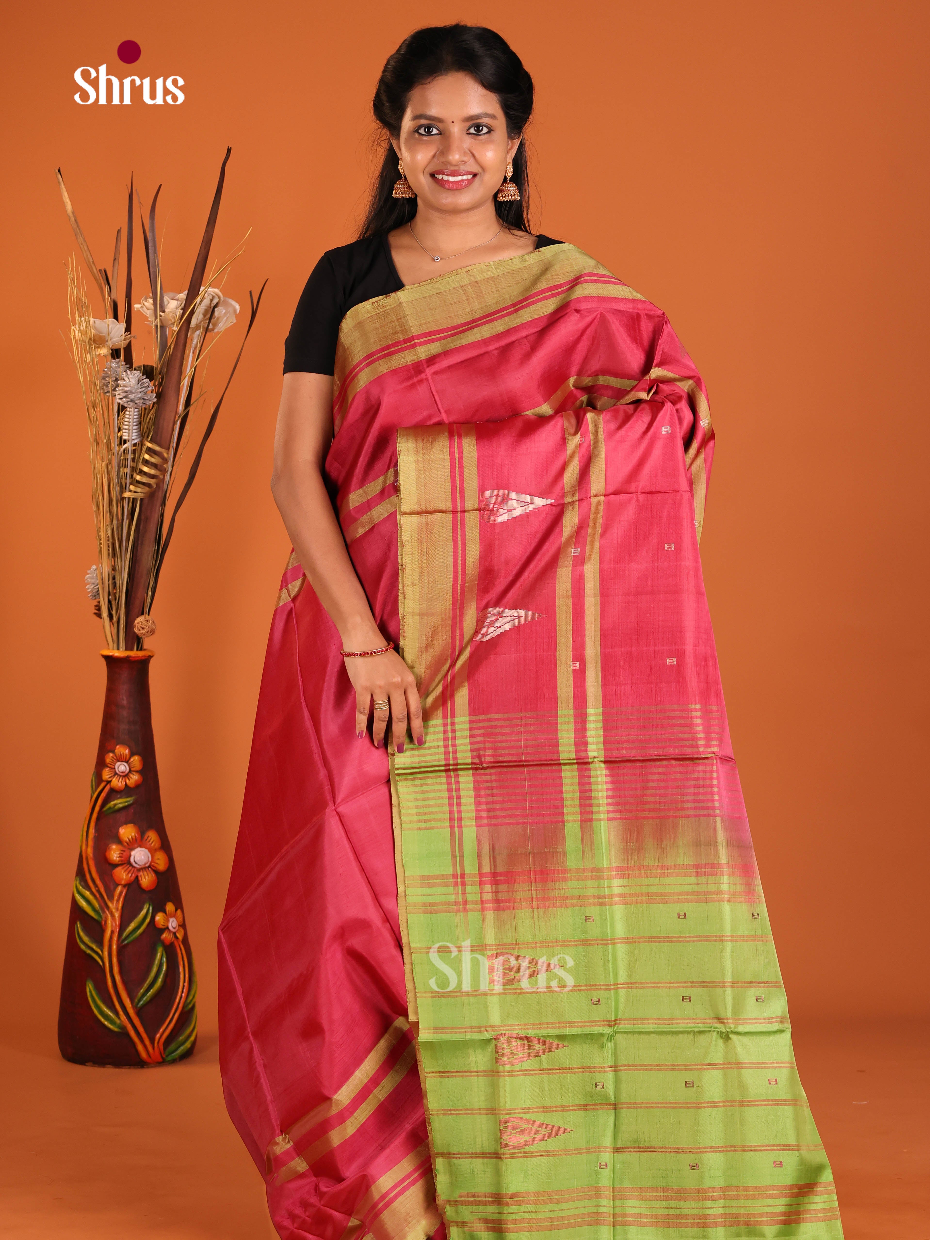 Red & Green - Banana Pith without blouse Saree - Shop on Shrus.com
