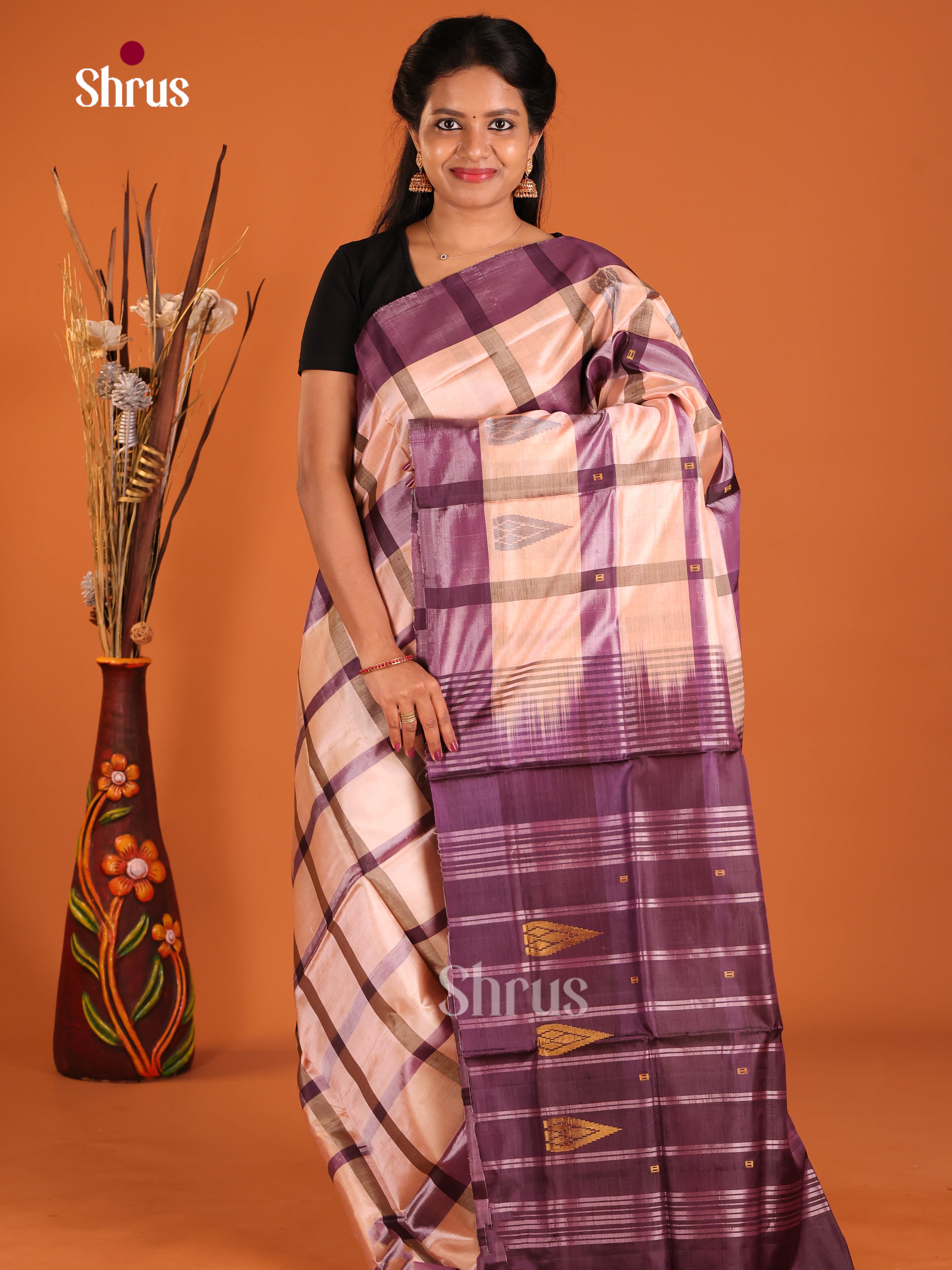 Dusty Brown & Purple - Banana Pith without blouse Saree - Shop on Shrus.com