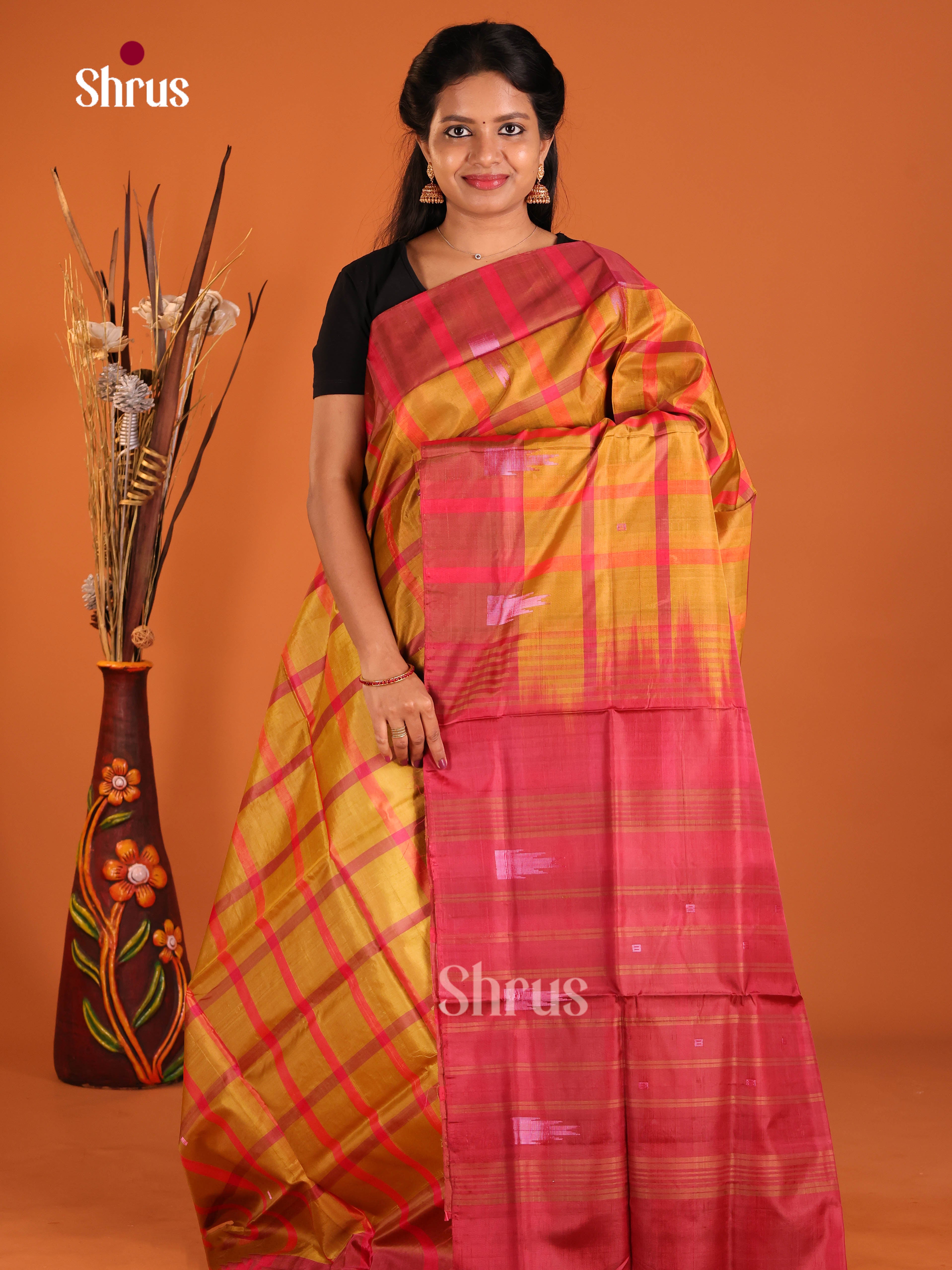 Mustard & Maroon - Banana Pith without blouse Saree - Shop on Shrus.com