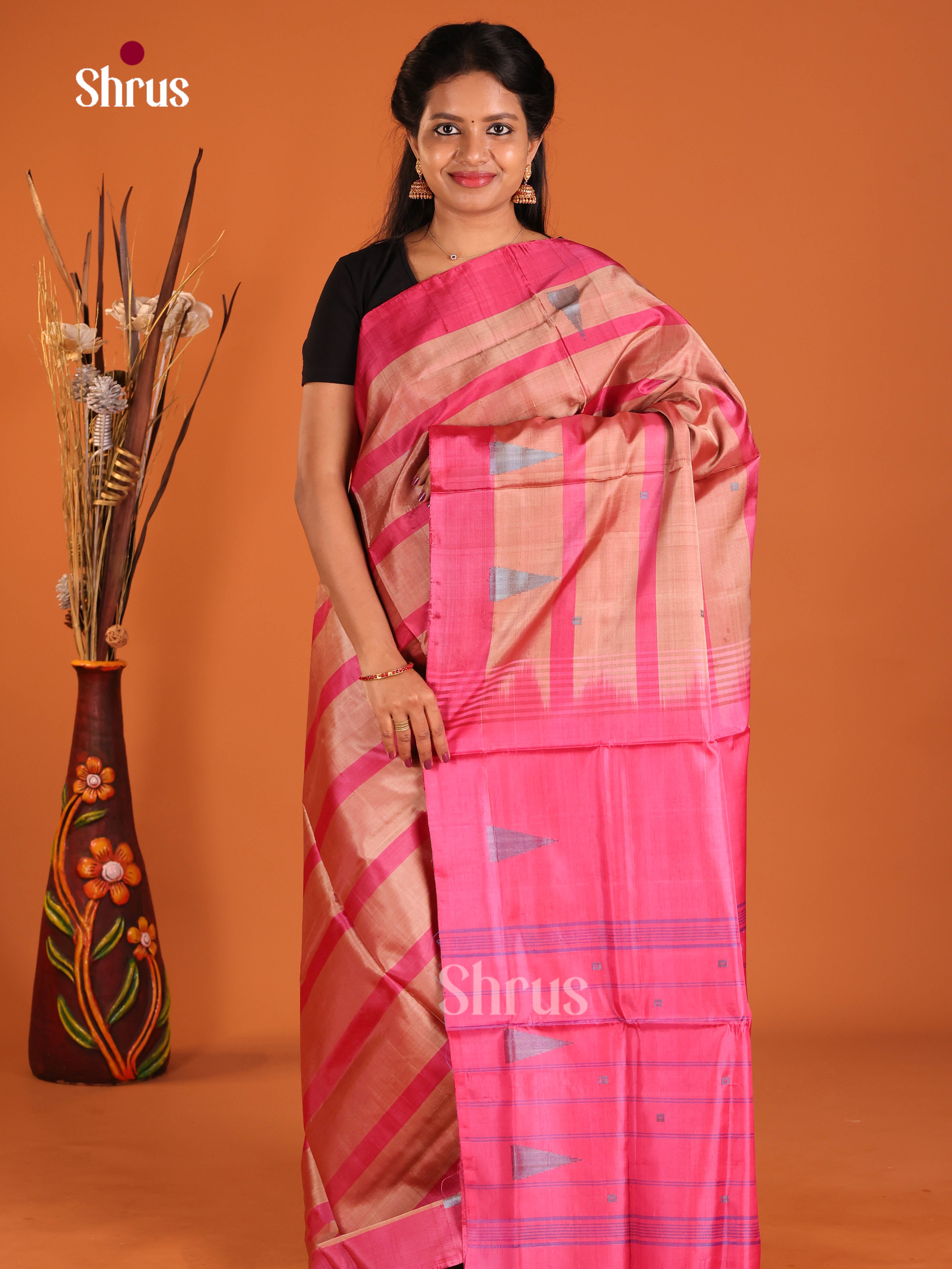 Peach & Pink- Banana Pith without blouse Saree - Shop on Shrus.com