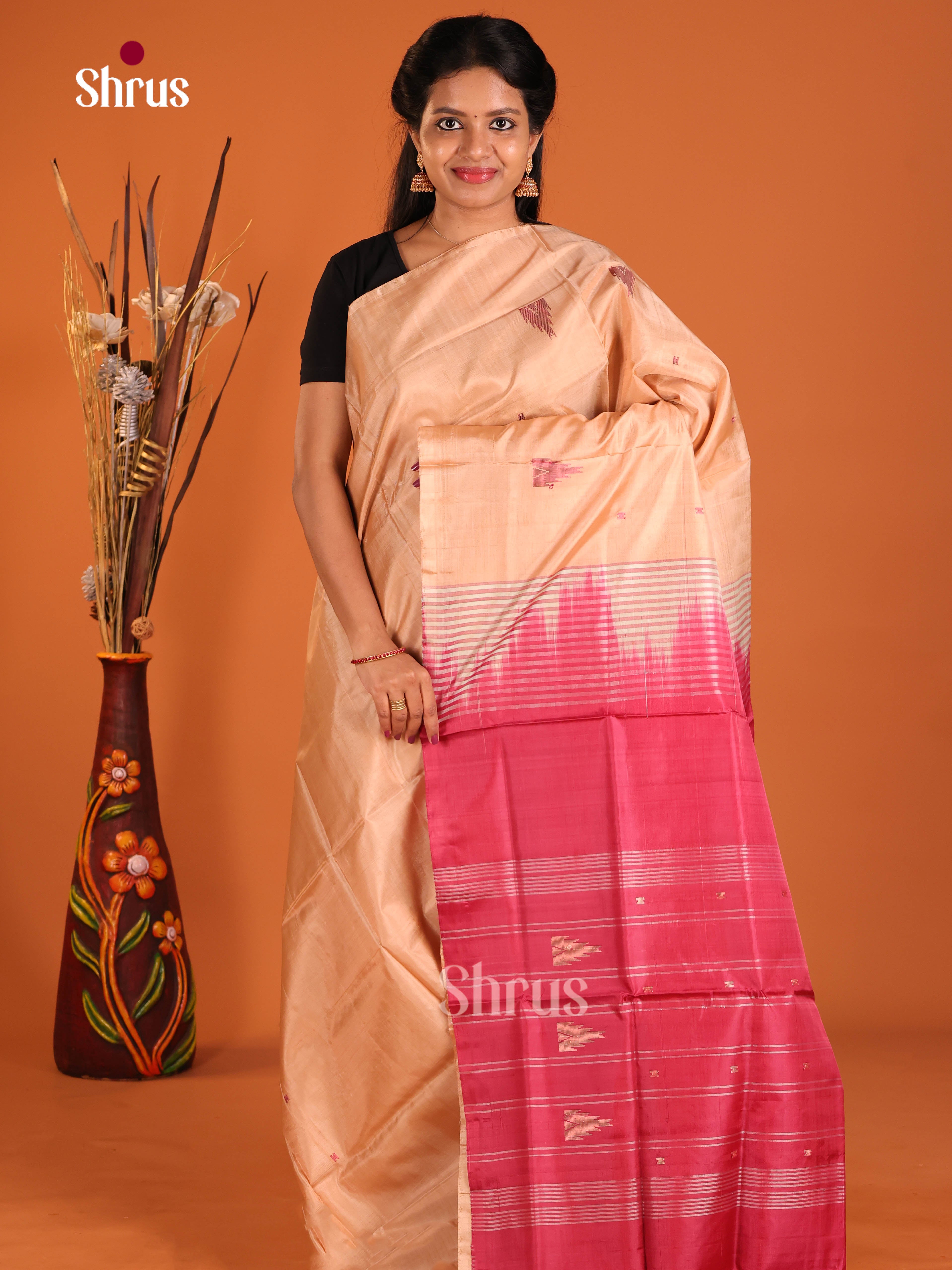 Peach & Red - Banana Pith without blouse Saree - Shop on Shrus.com