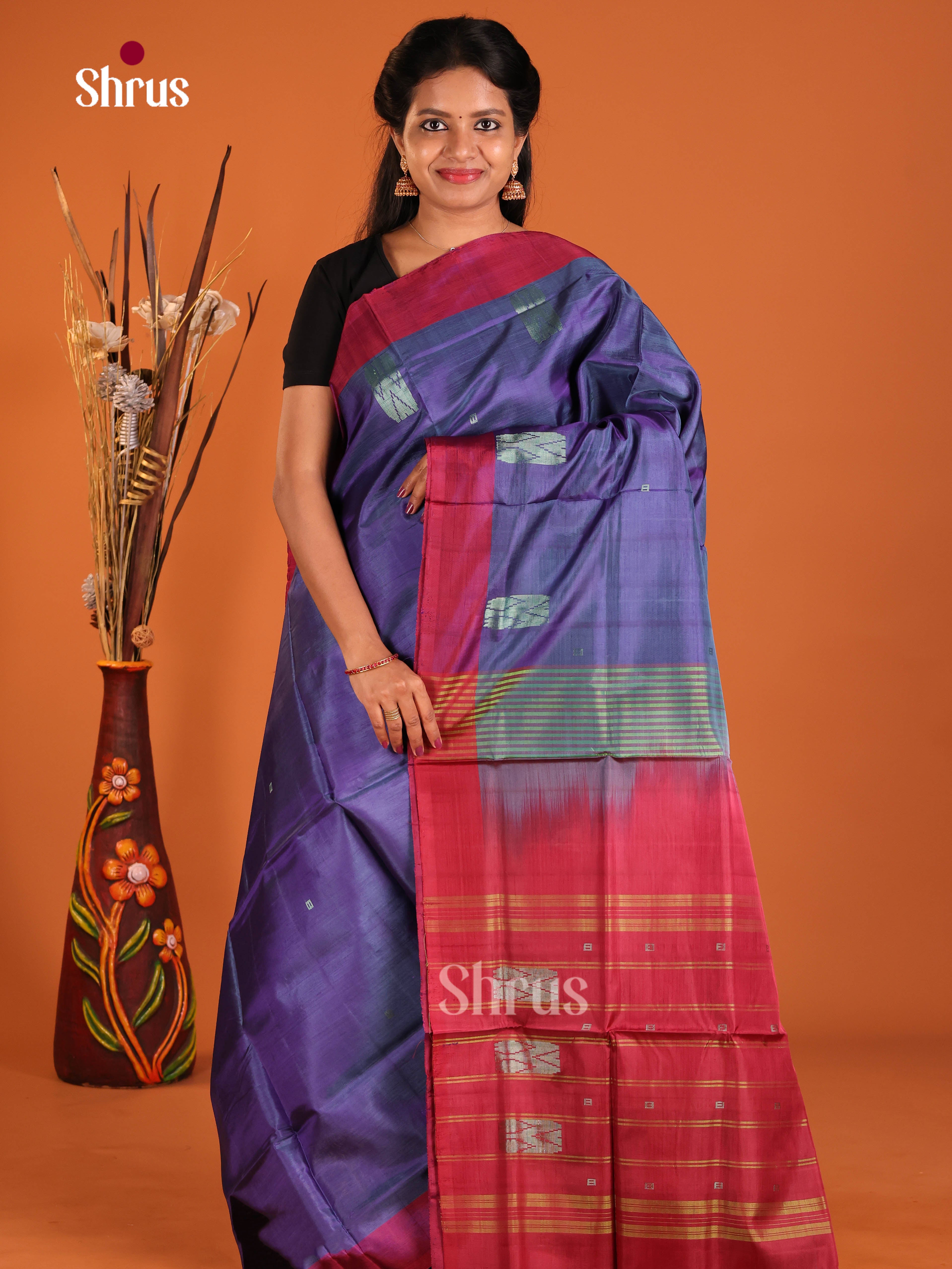 Blue & Maroon- Banana Pith without blouse Saree