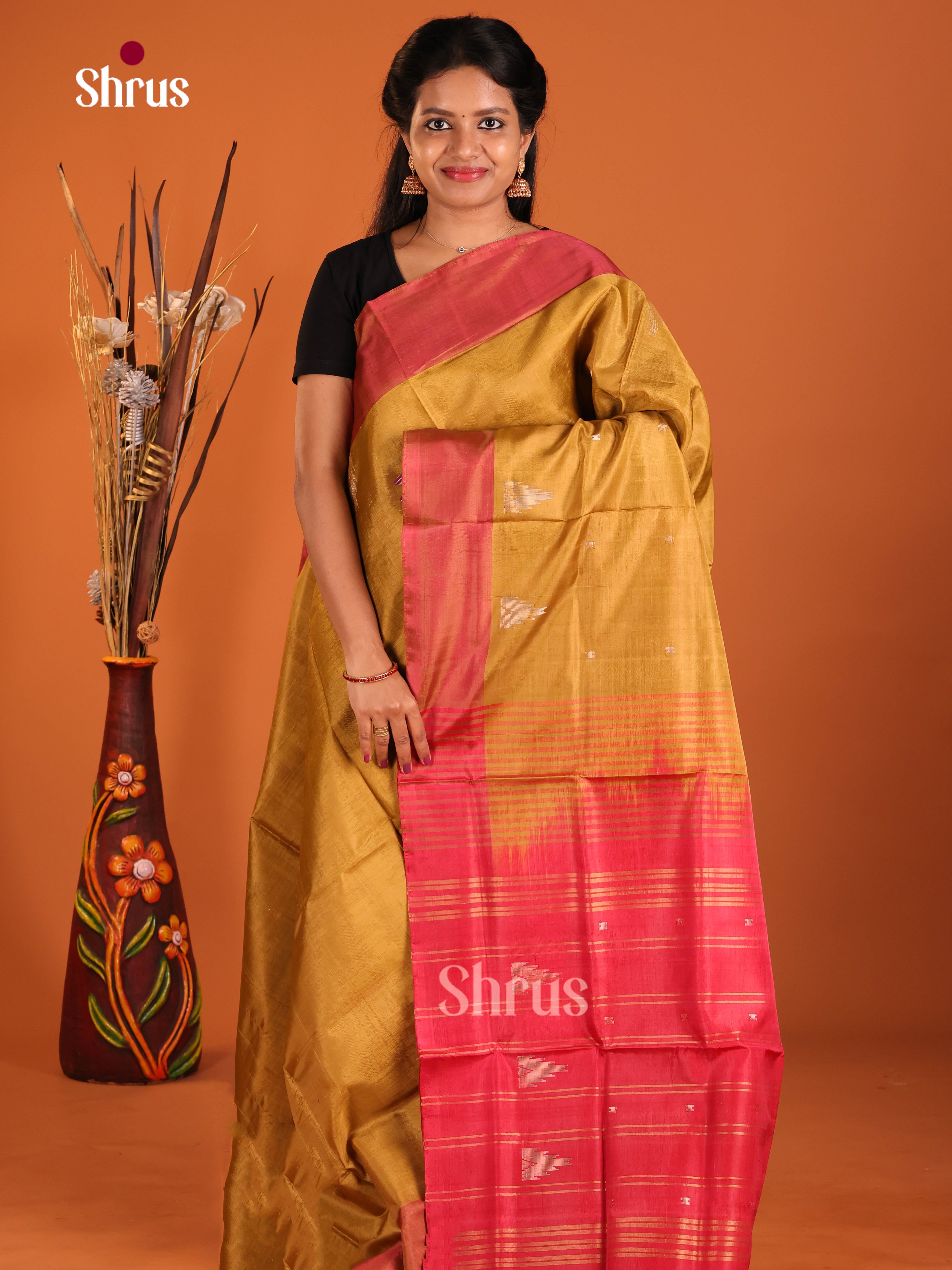 Mustard & Red - Banana Pith without blouse Saree - Shop on Shrus.com