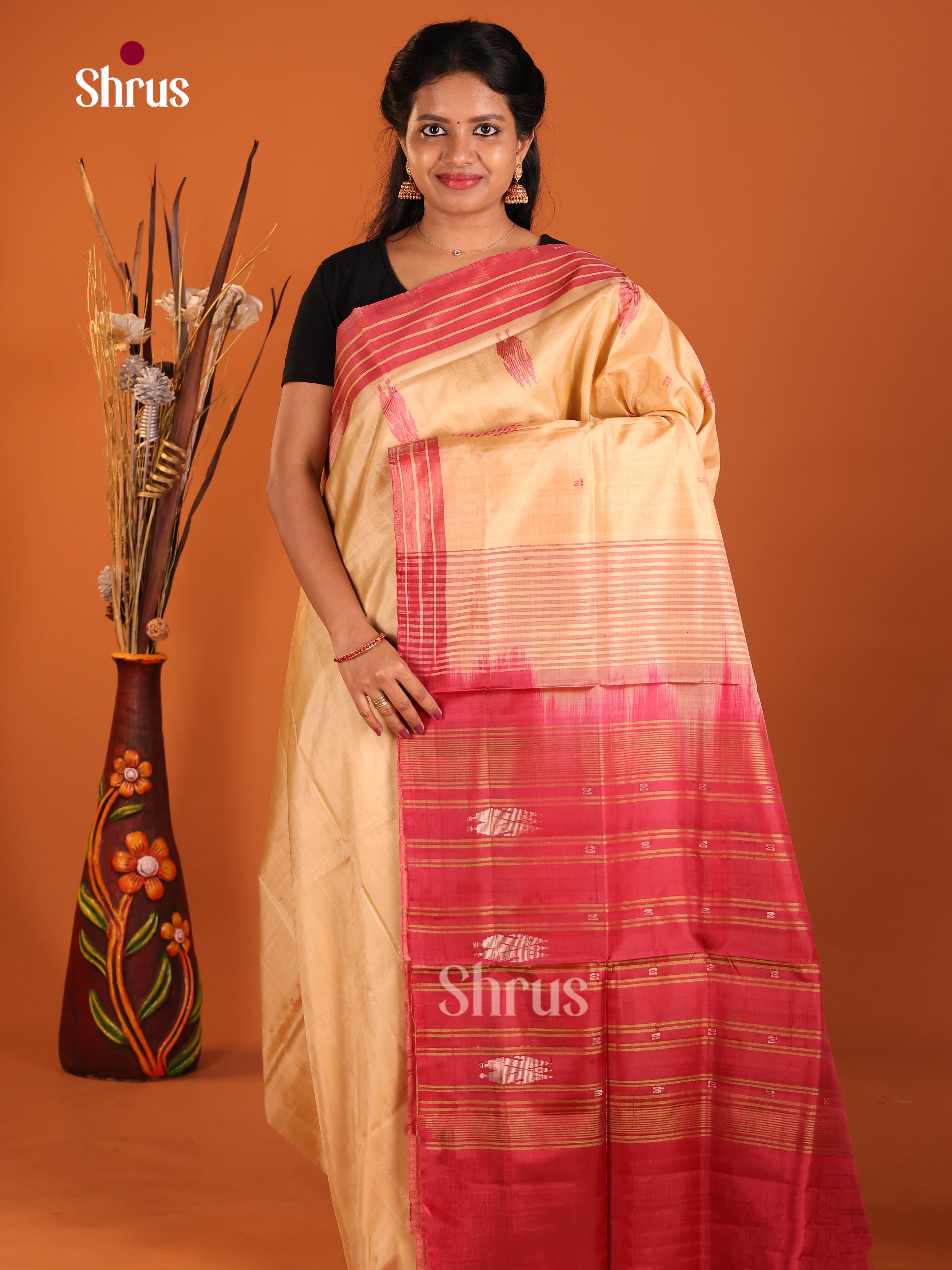 Peach & Red - Banana Pith without blouse Saree - Shop on Shrus.com