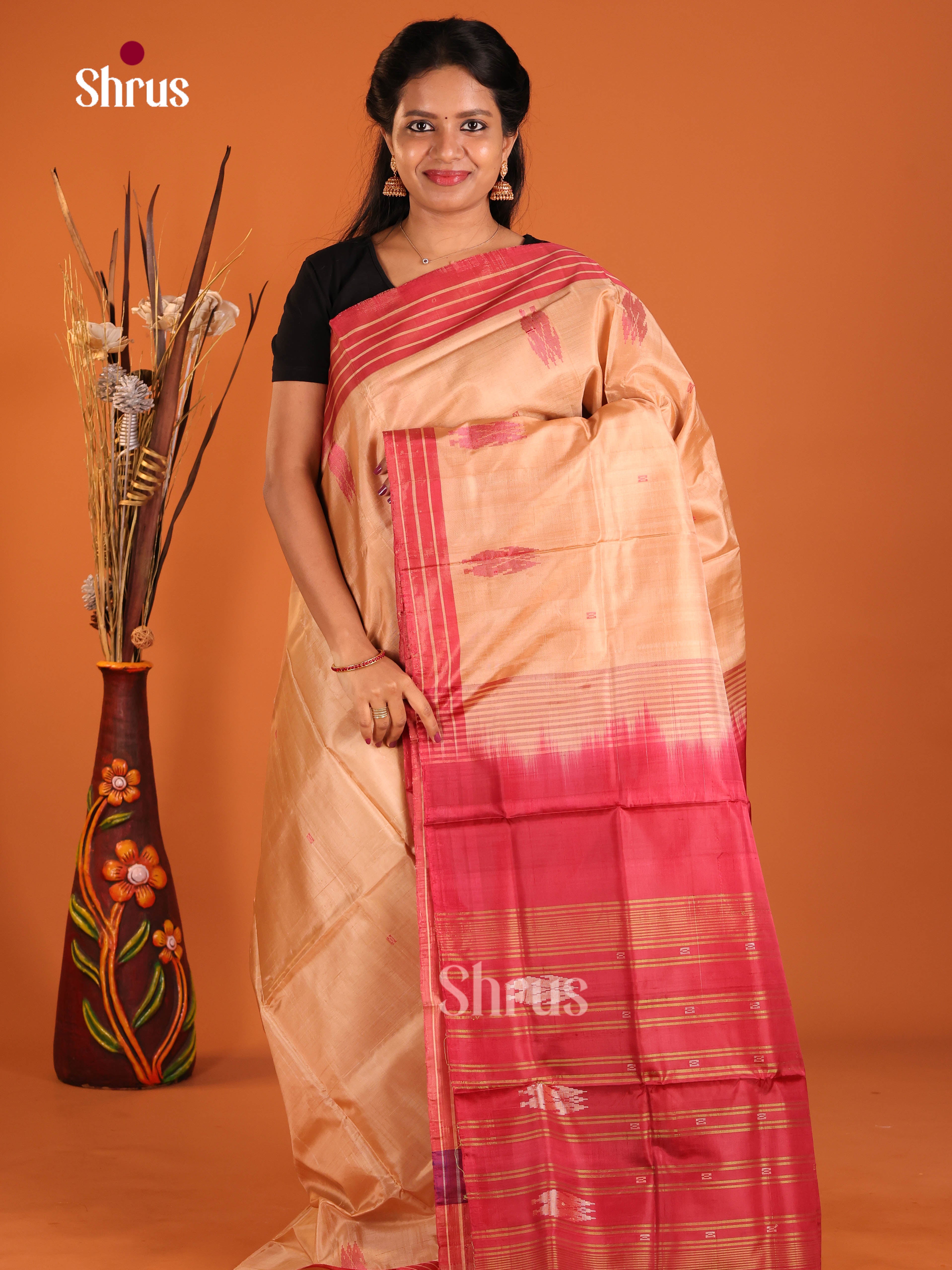Peach & Red  - Banana Pith without blouse Saree - Shop on Shrus.com