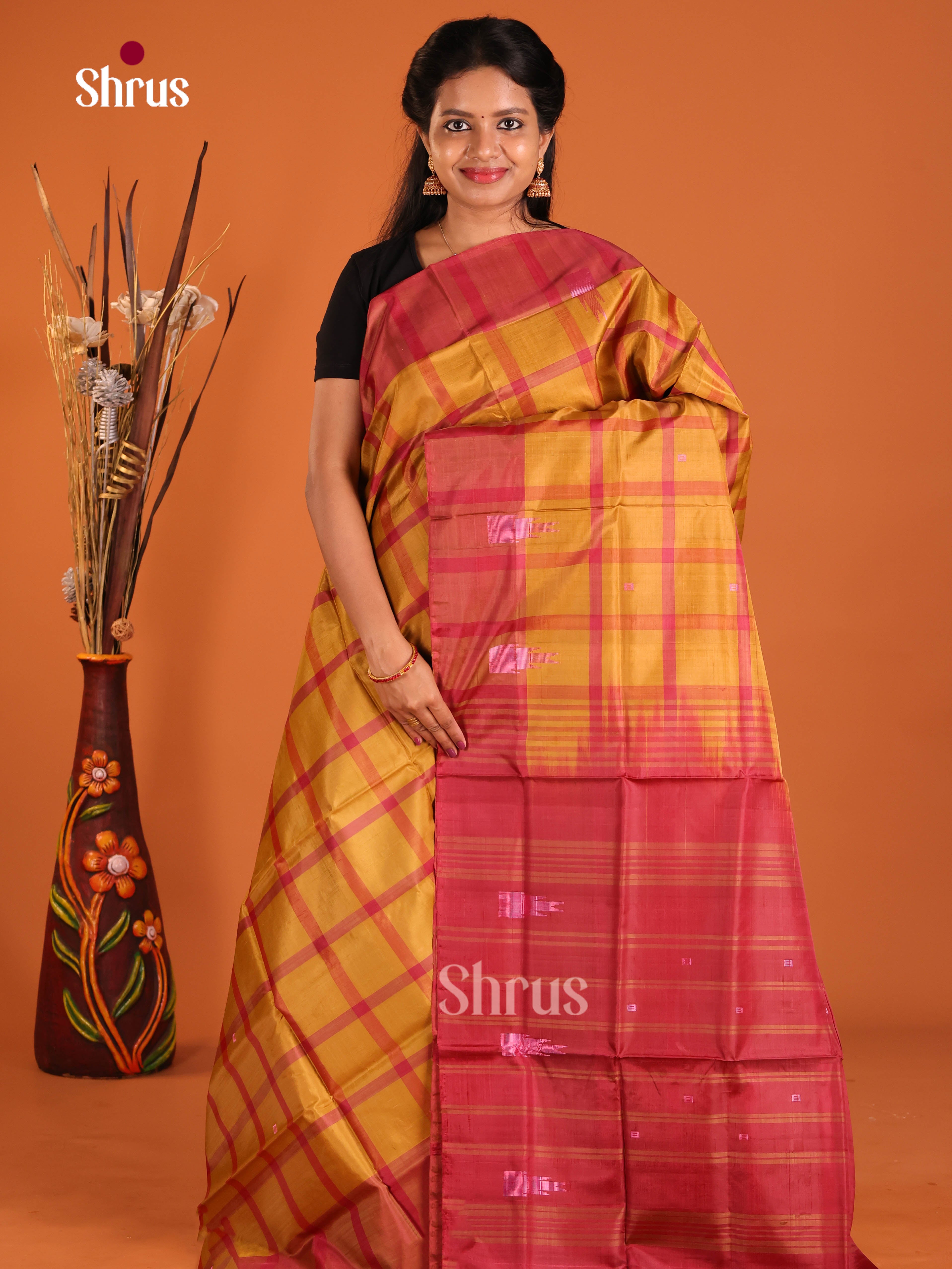 Mustard & Maroon - Banana Pith without blouse Saree - Shop on Shrus.com