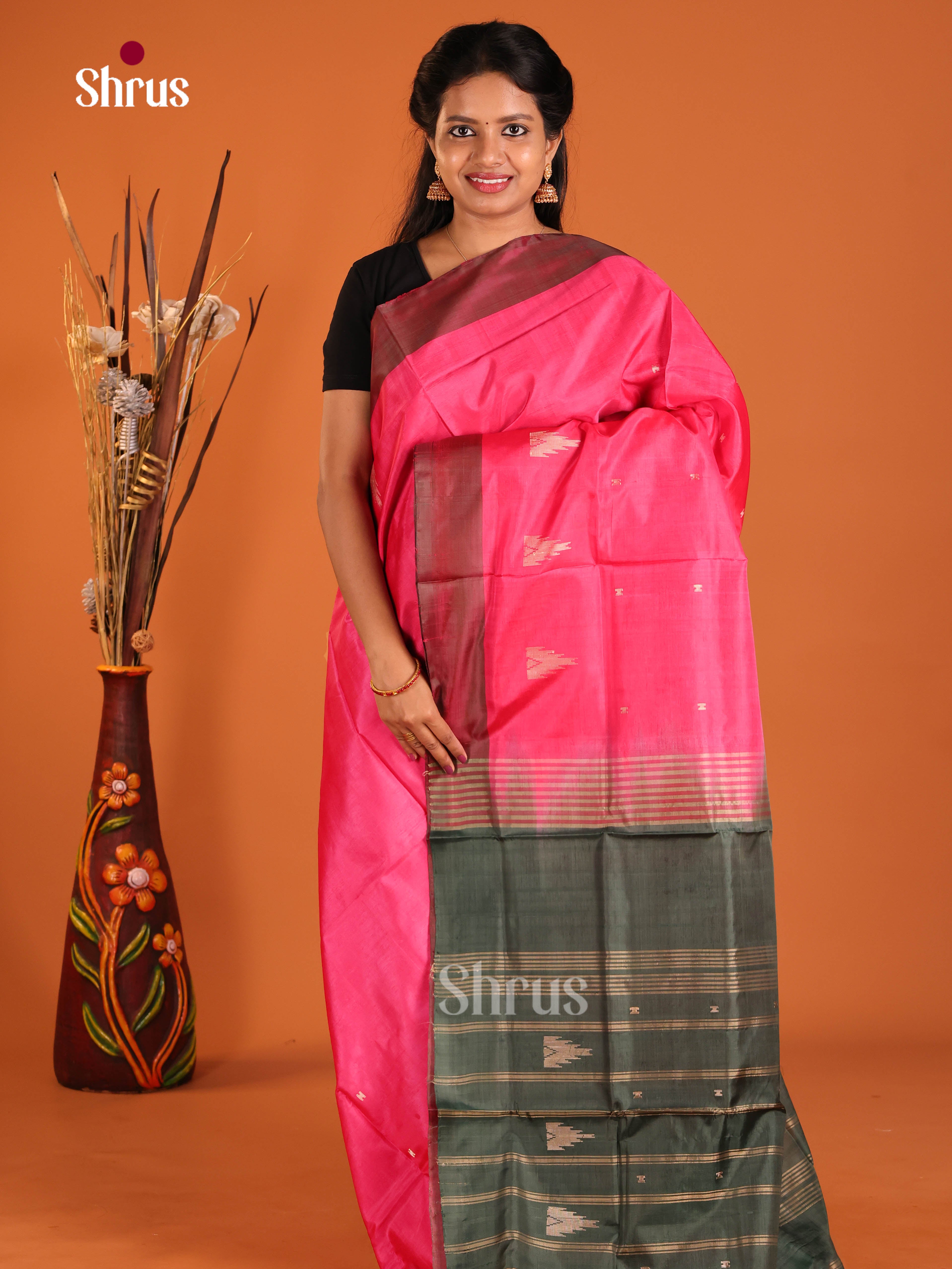 Pink & Green - Banana Pith without blouse Saree