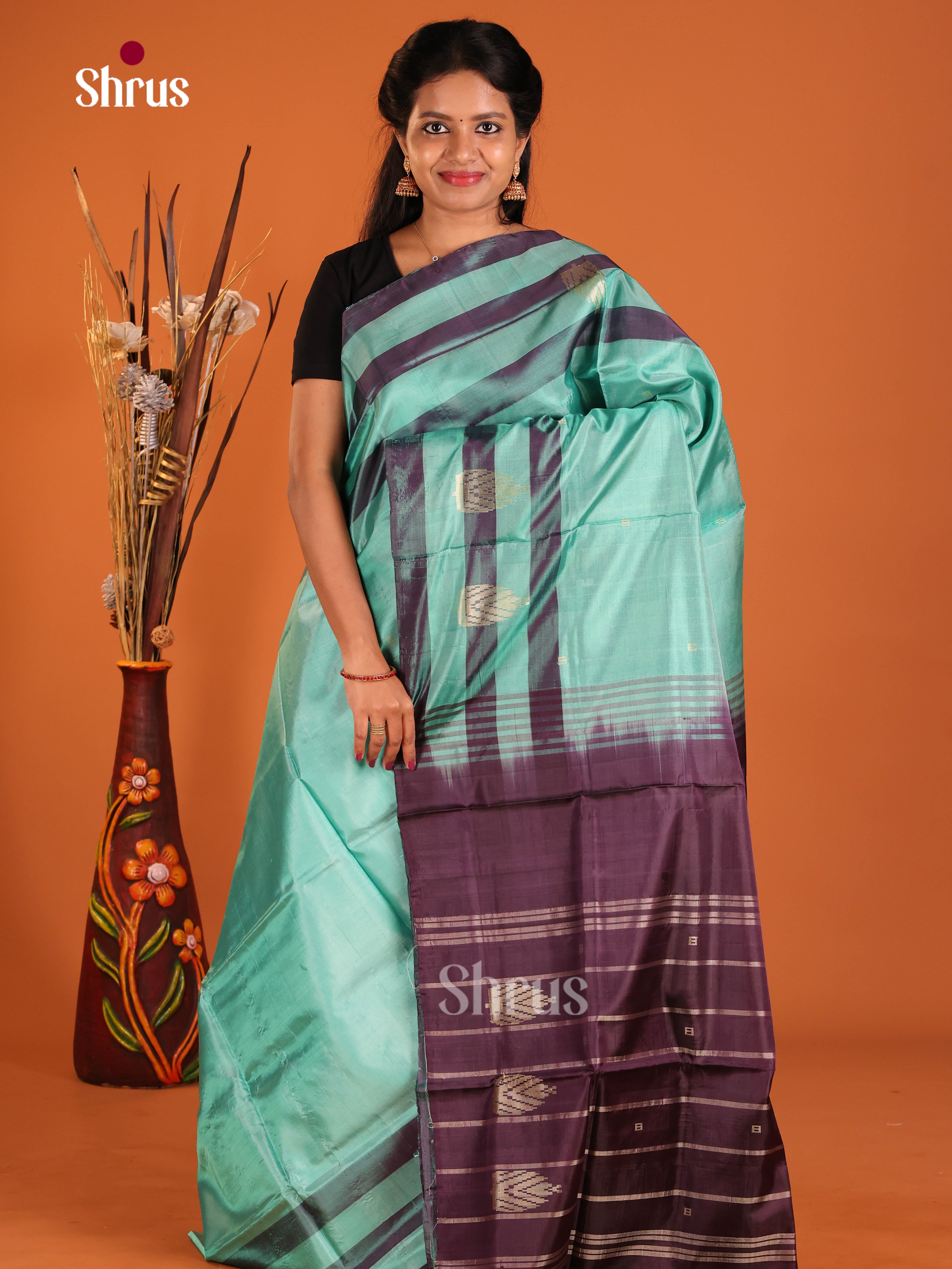 Pastel Green & Purple - Banana Pith without blouse Saree - Shop on Shrus.com