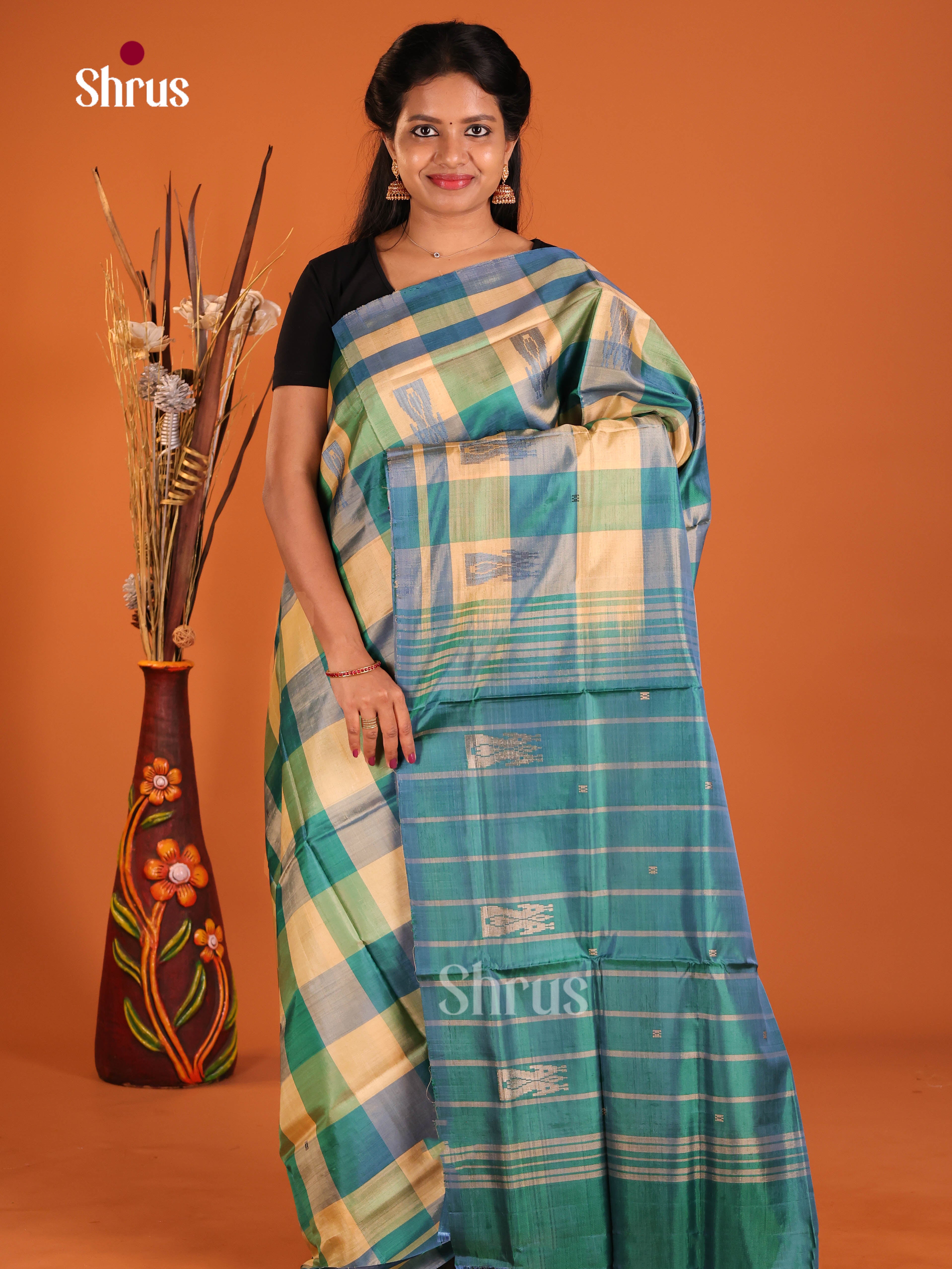 Peach & Green - Banana Pith without blouse Saree - Shop on Shrus.com