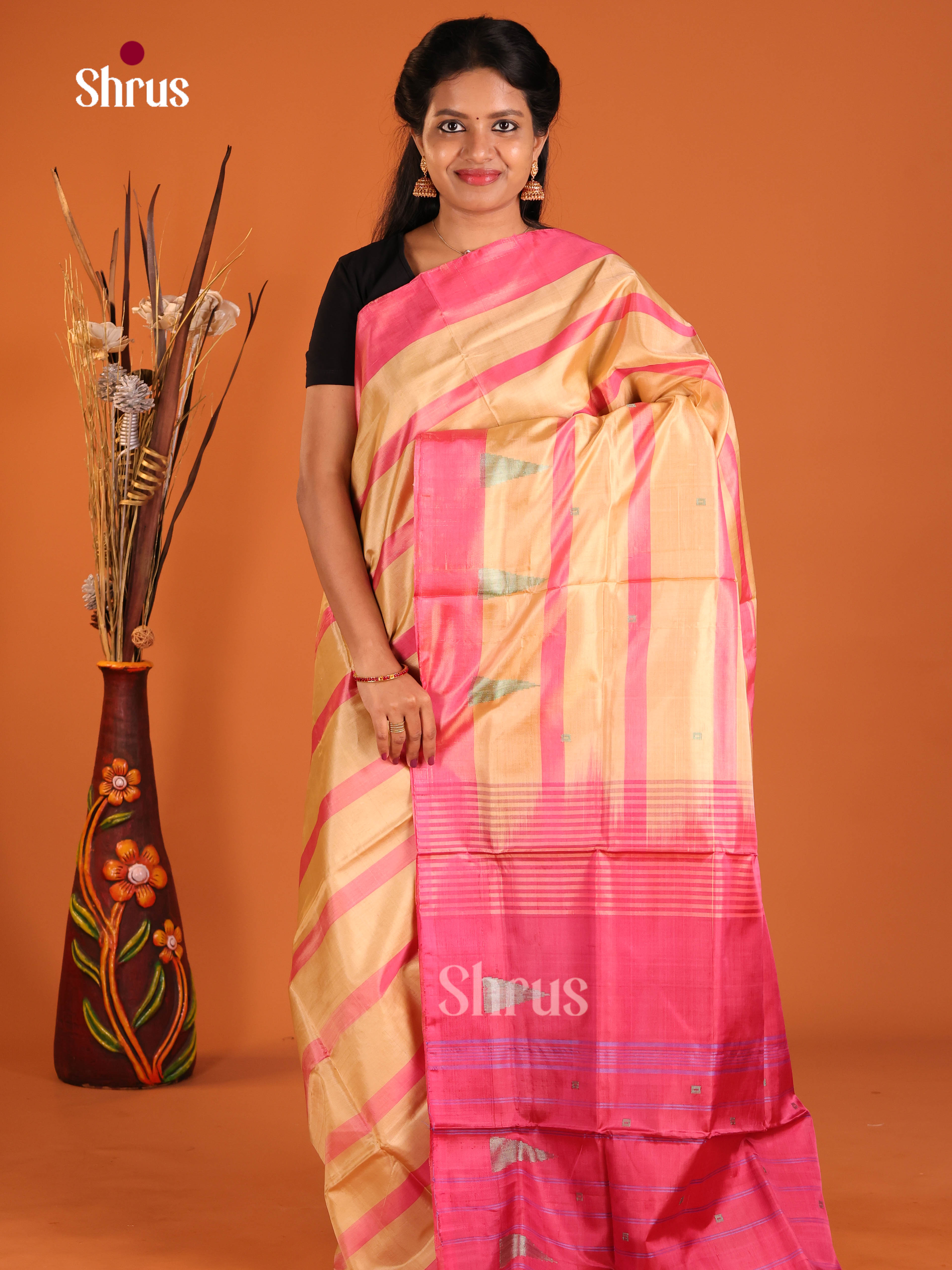 Peach & Pink- Banana Pith without blouse Saree