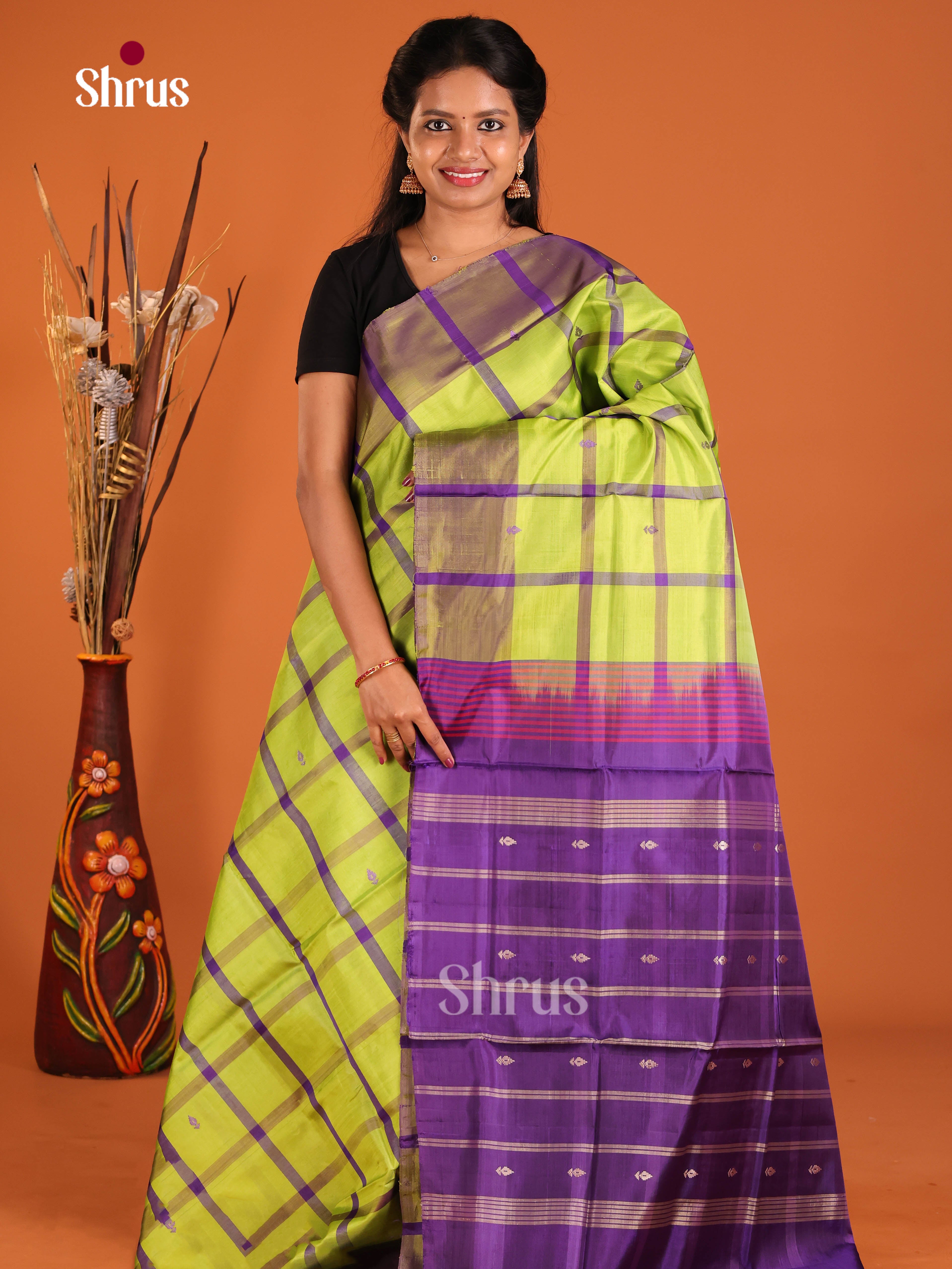 Green & Violet  - Banana Pith without blouse Saree - Shop on Shrus.com