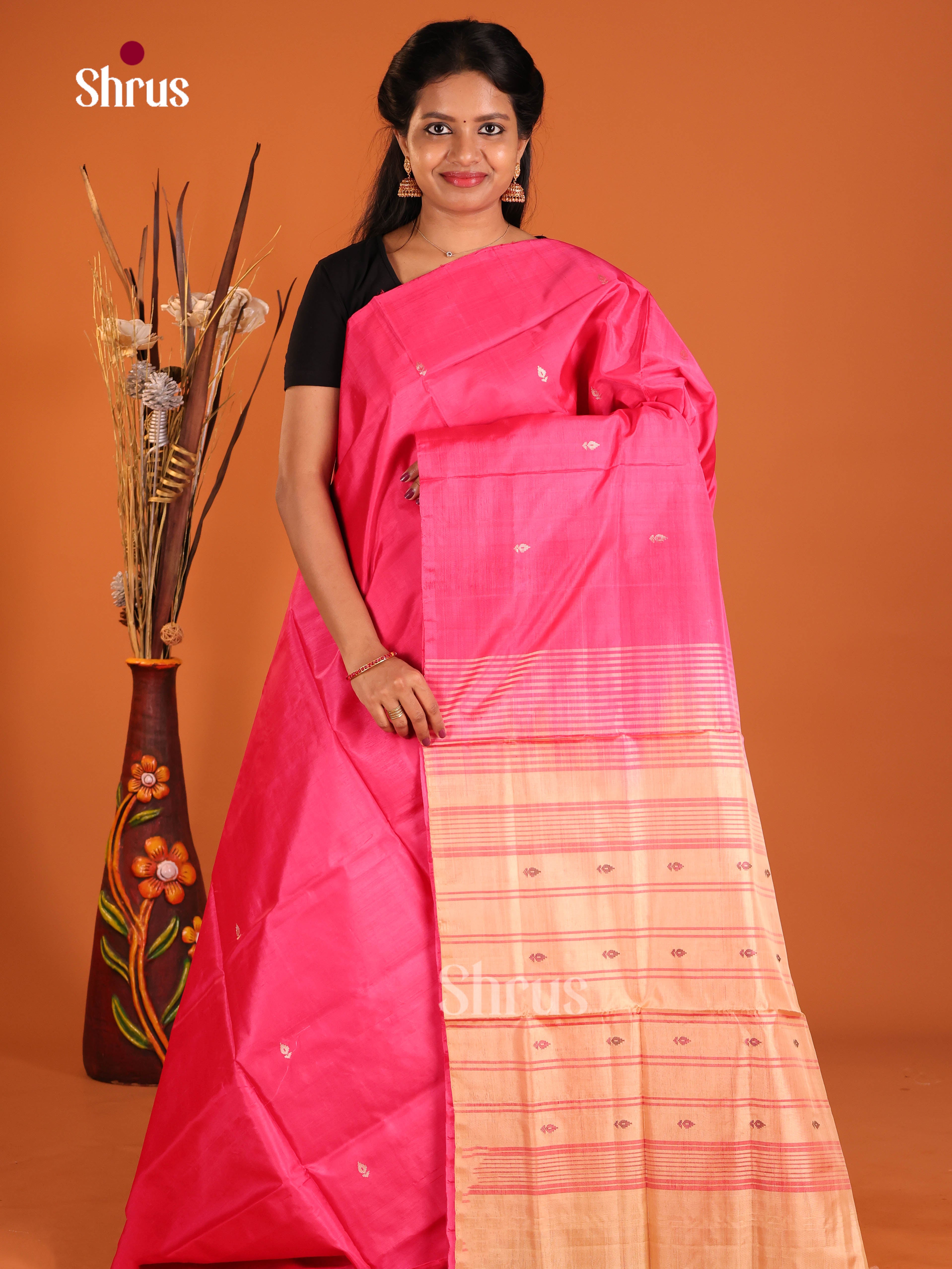Pink & peach- Banana Pith without blouse Saree - Shop on Shrus.com