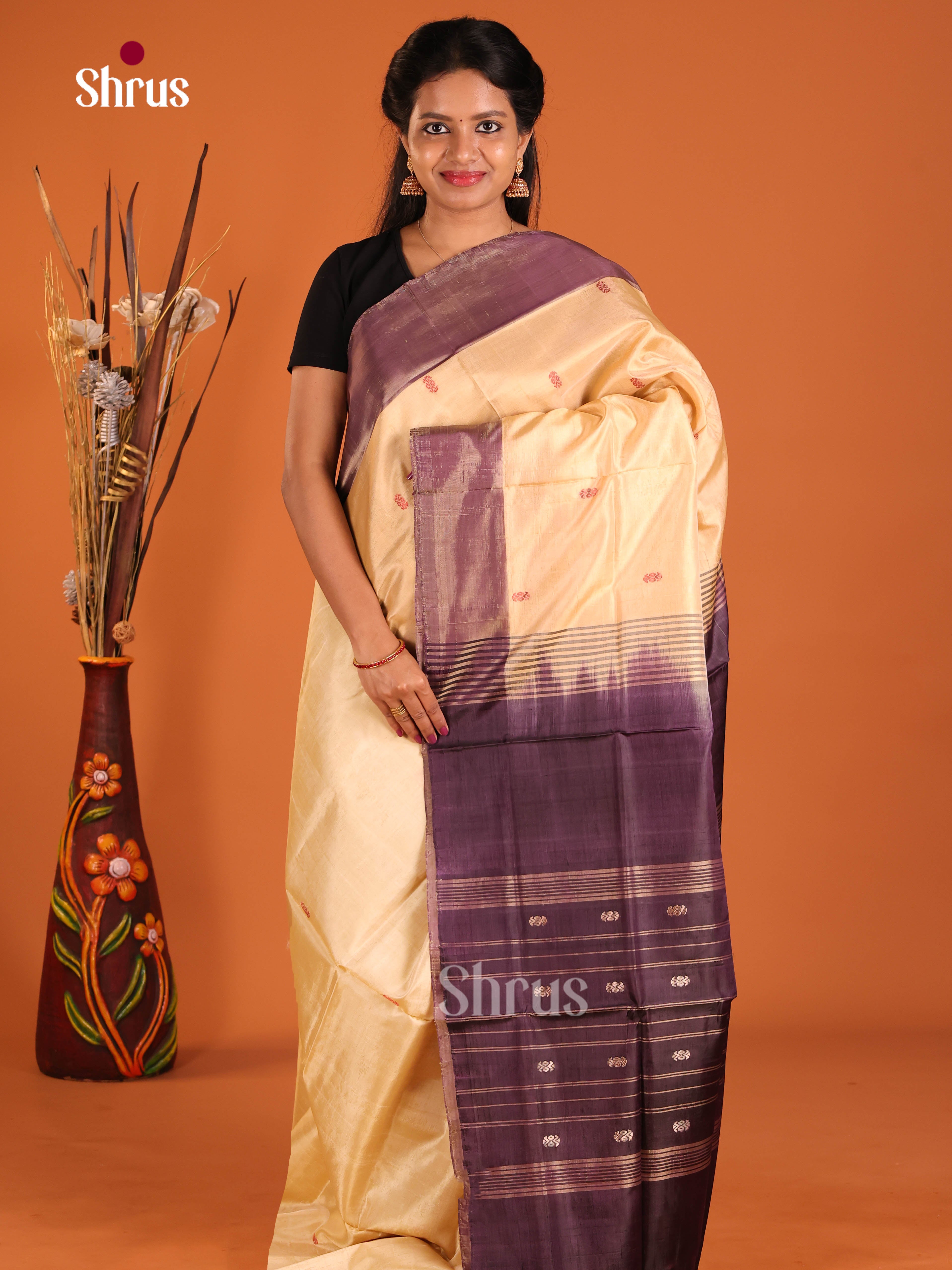 Cream & Purple - Banana Pith without blouse Saree - Shop on Shrus.com