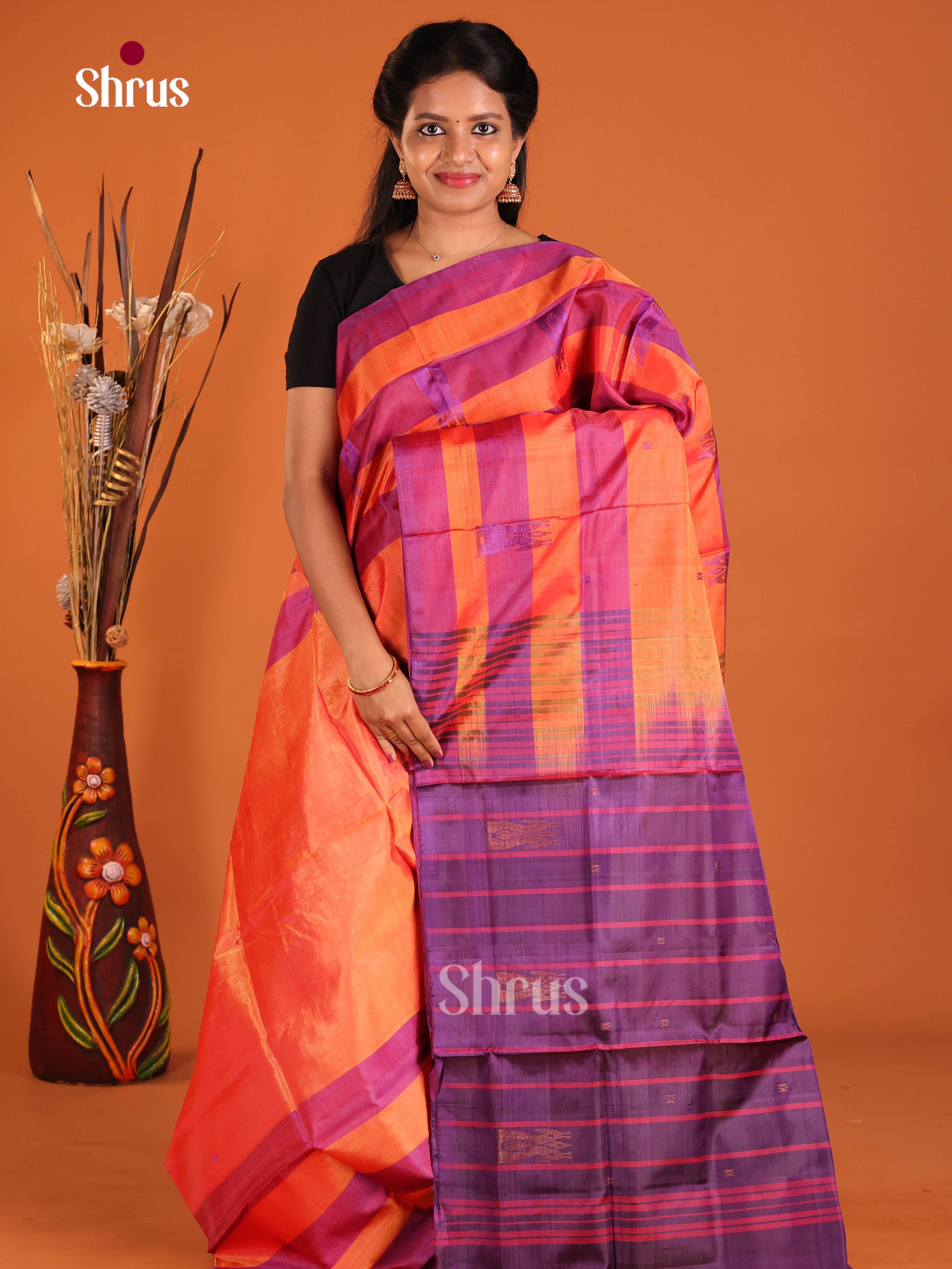 Orange & Purple - Banana Pith without blouse Saree
