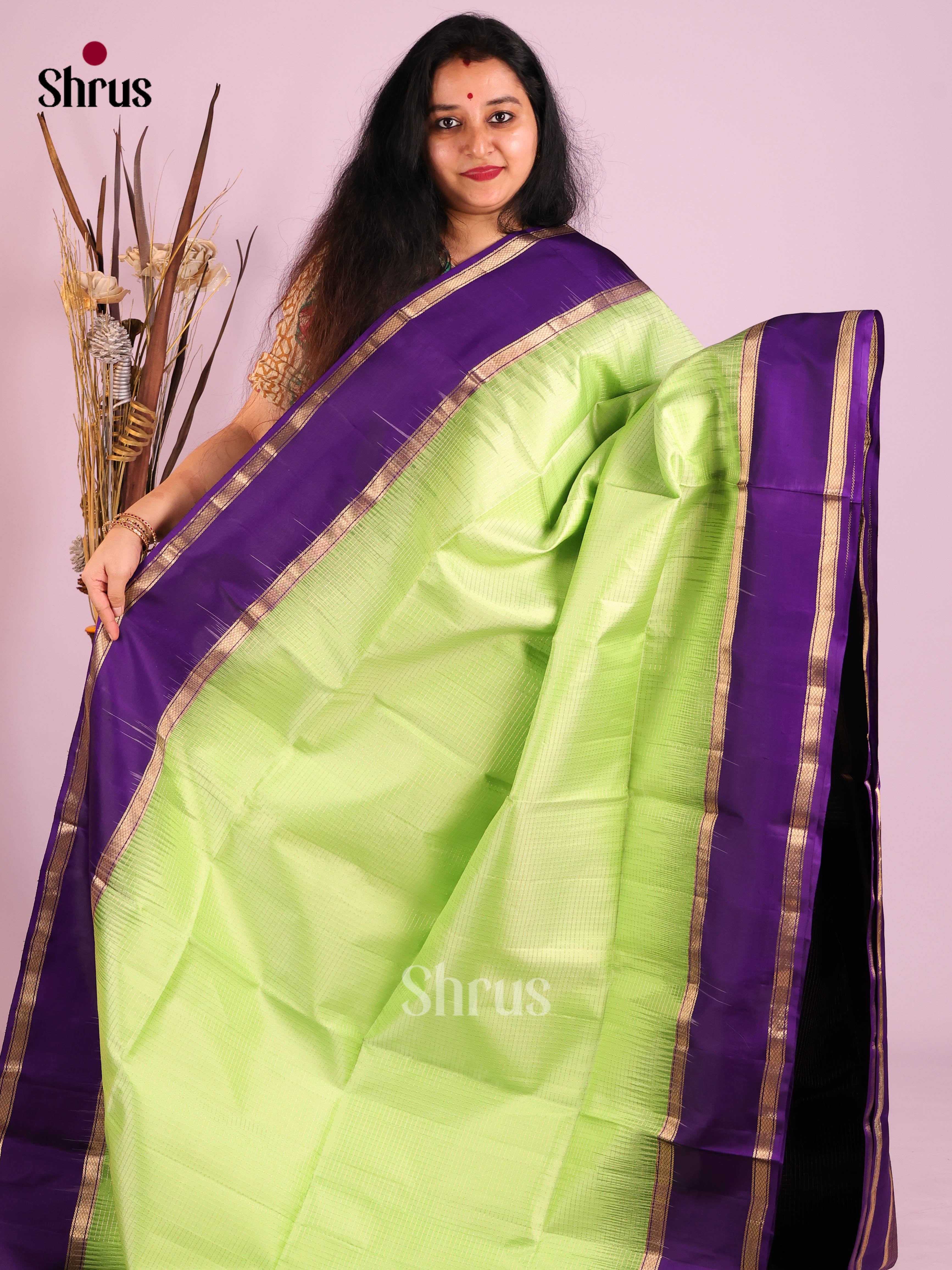 Graceful Pista Green Soft Silk Saree with zari checks & Violet rettaipet zari border 1