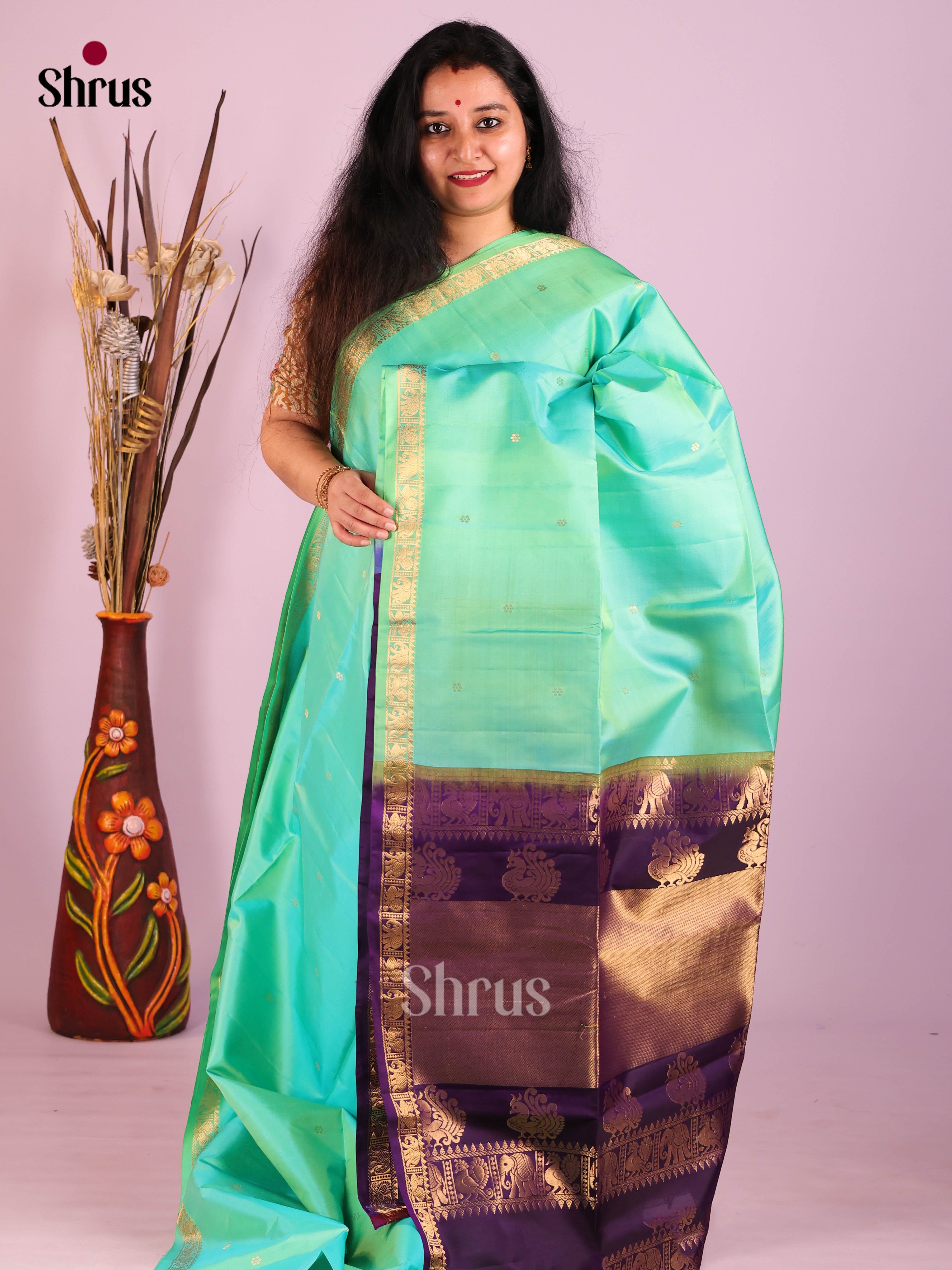 Pastel Green & Violet  Soft Silk  Saree gleams with gold zari buttas , brocade pallu - Shop on Shrus.com