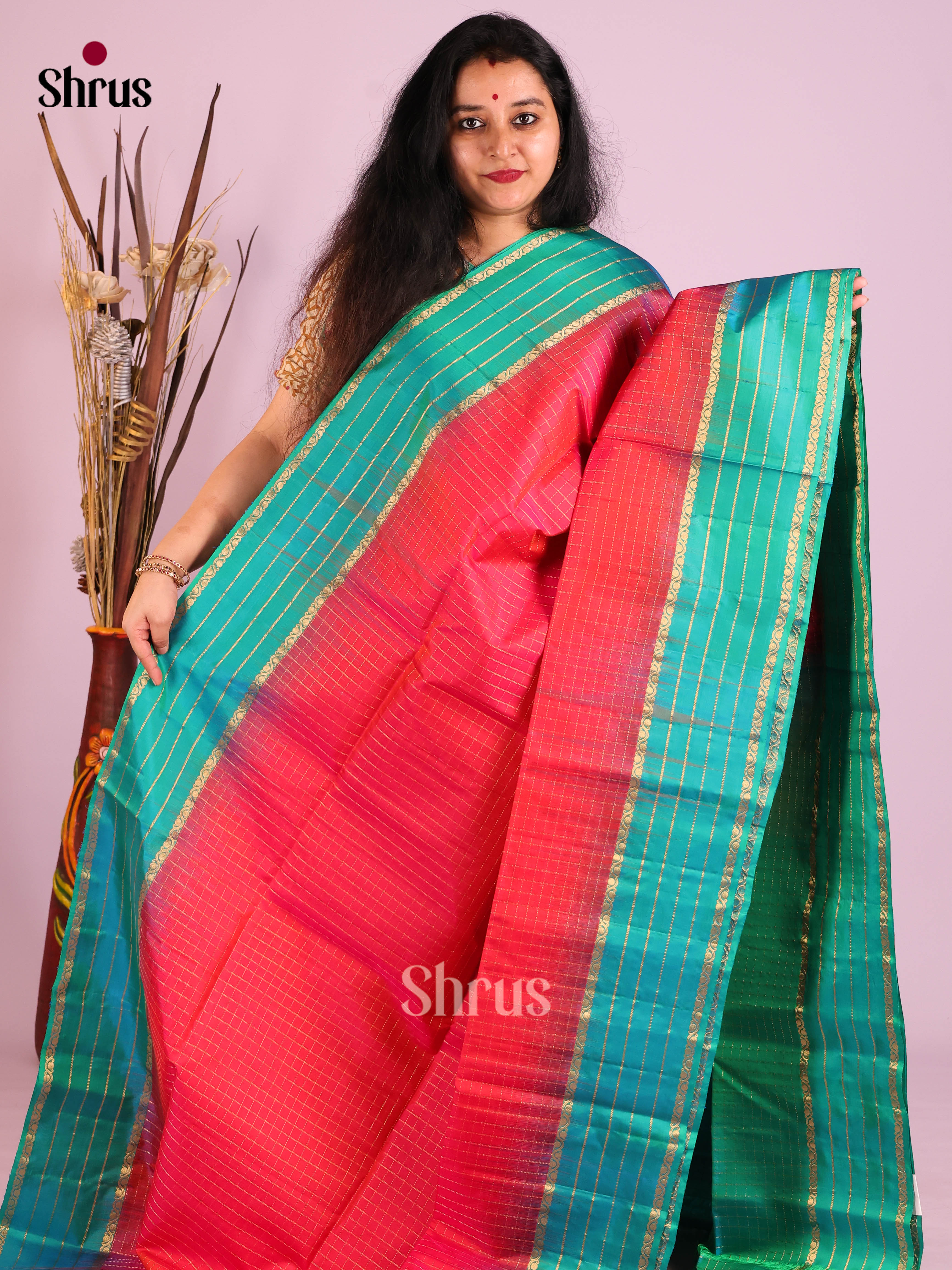 Beautiful Orangish Pink Soft Silk Saree with zari checks & Green Brocade Pallu 1