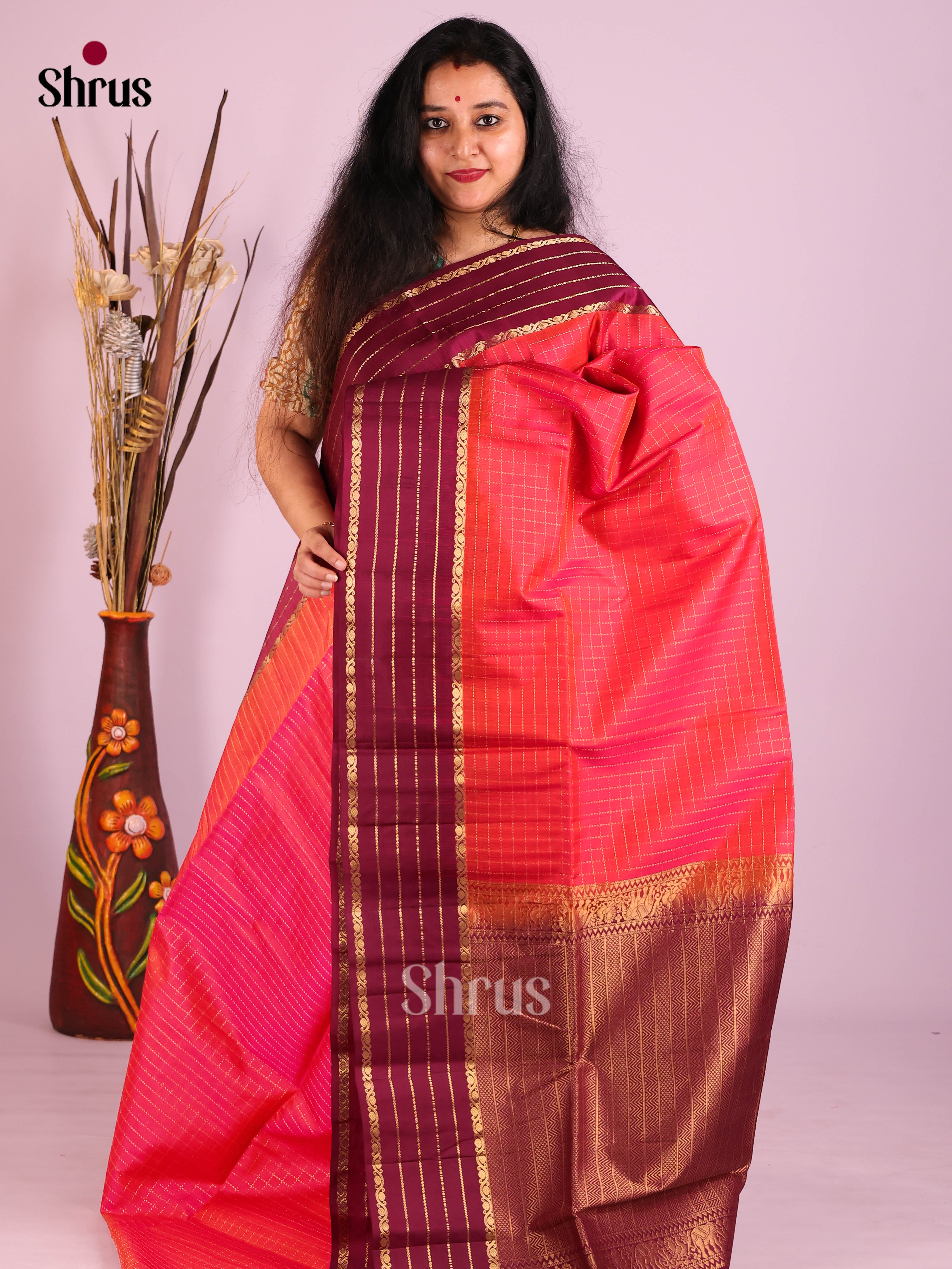 Shimmery Orangish Pink Soft Silk Saree with zari kattam & Maroon Brocade Pallu 