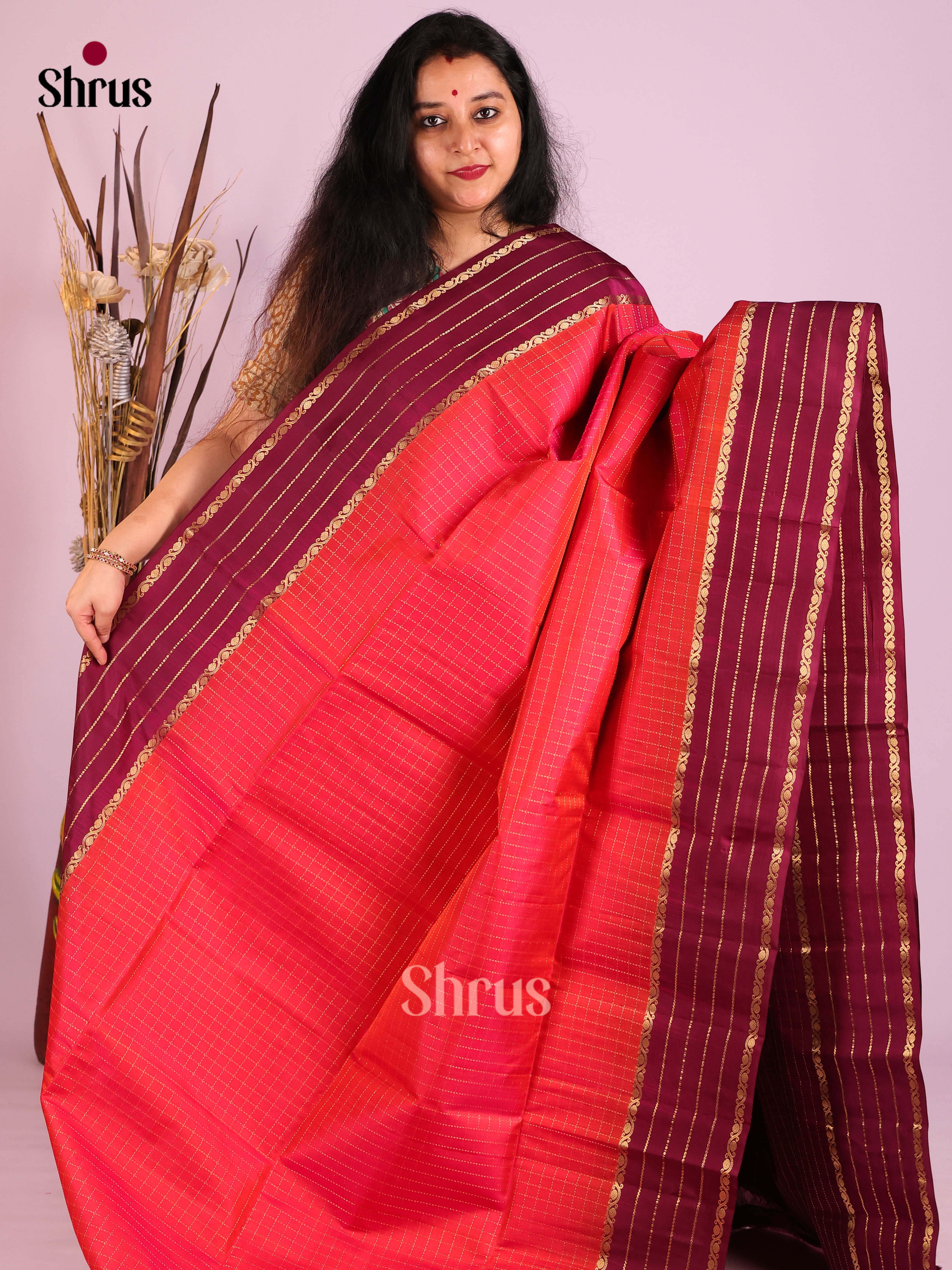 Shimmery Orangish Pink Soft Silk Saree with zari kattam & Maroon Brocade Pallu 1