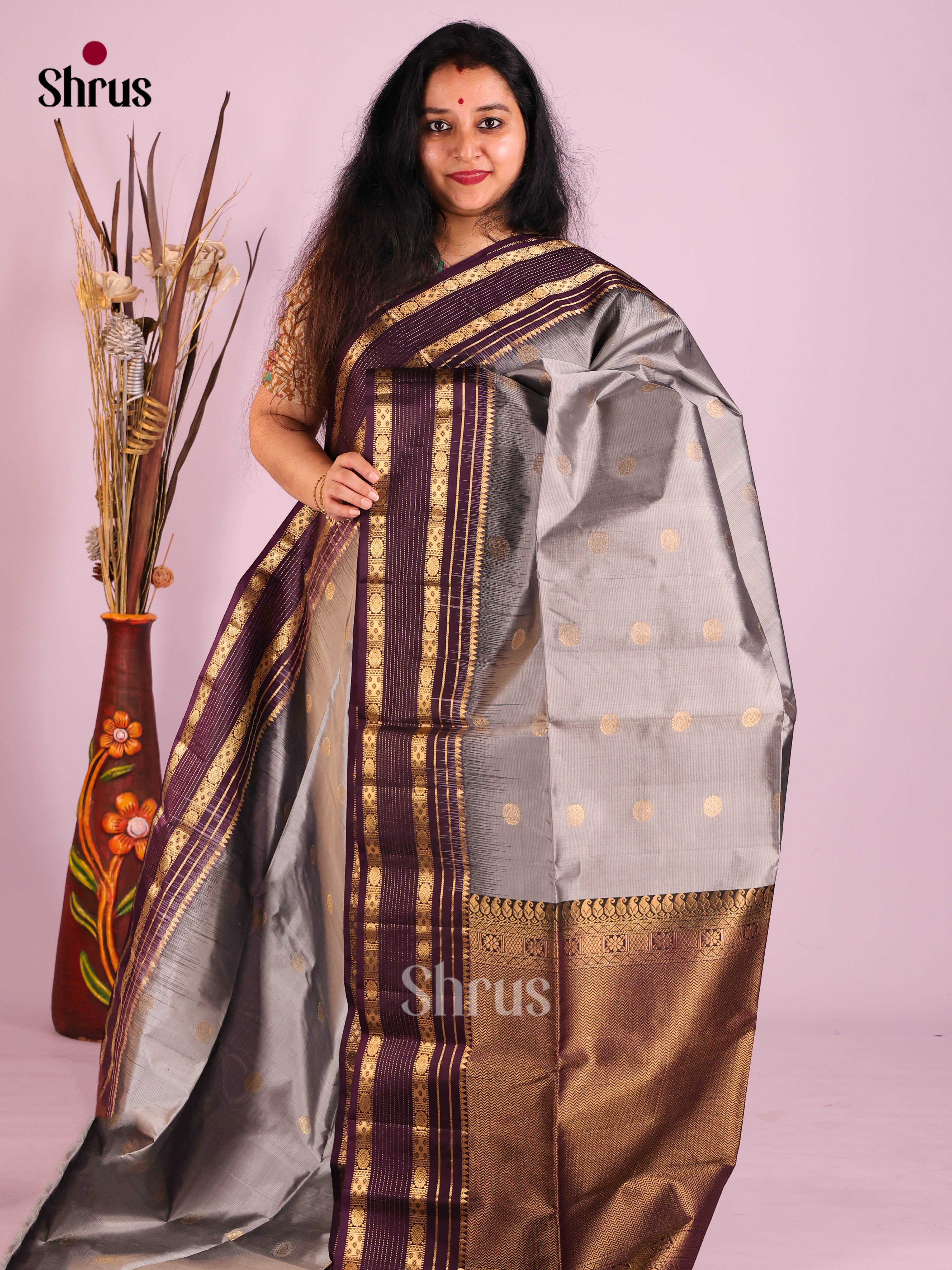 Grey & Purple Soft Silk  Saree gleams with gold zari buttas , rettaipet border - Shop on Shrus.com
